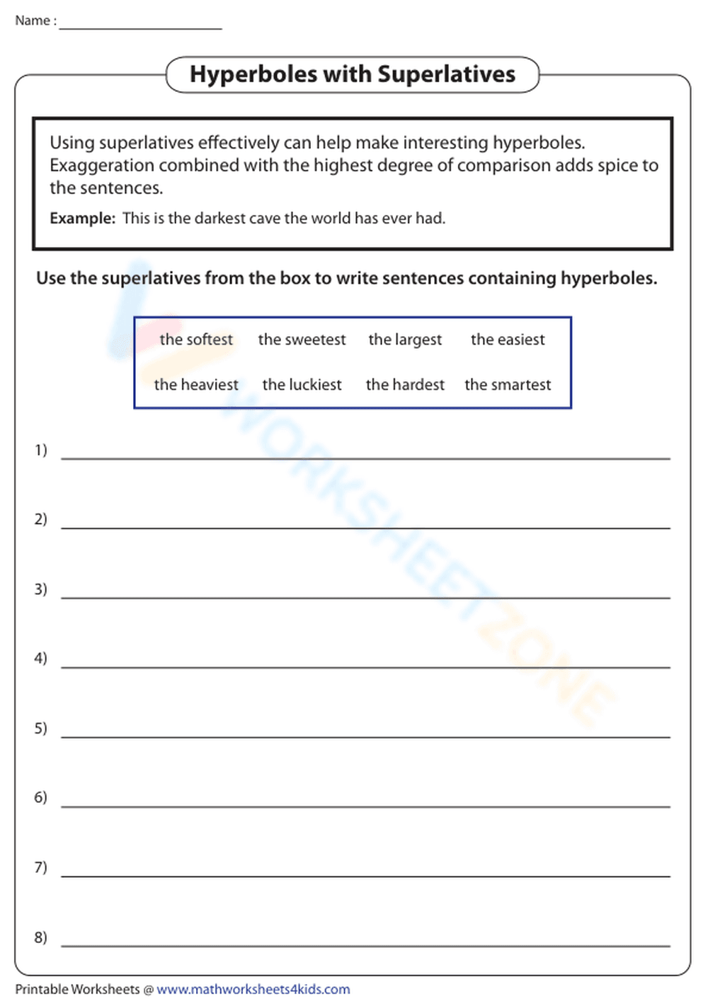 Printable Hyperboles with Superlatives Worksheet | Grade 5 - Page 1