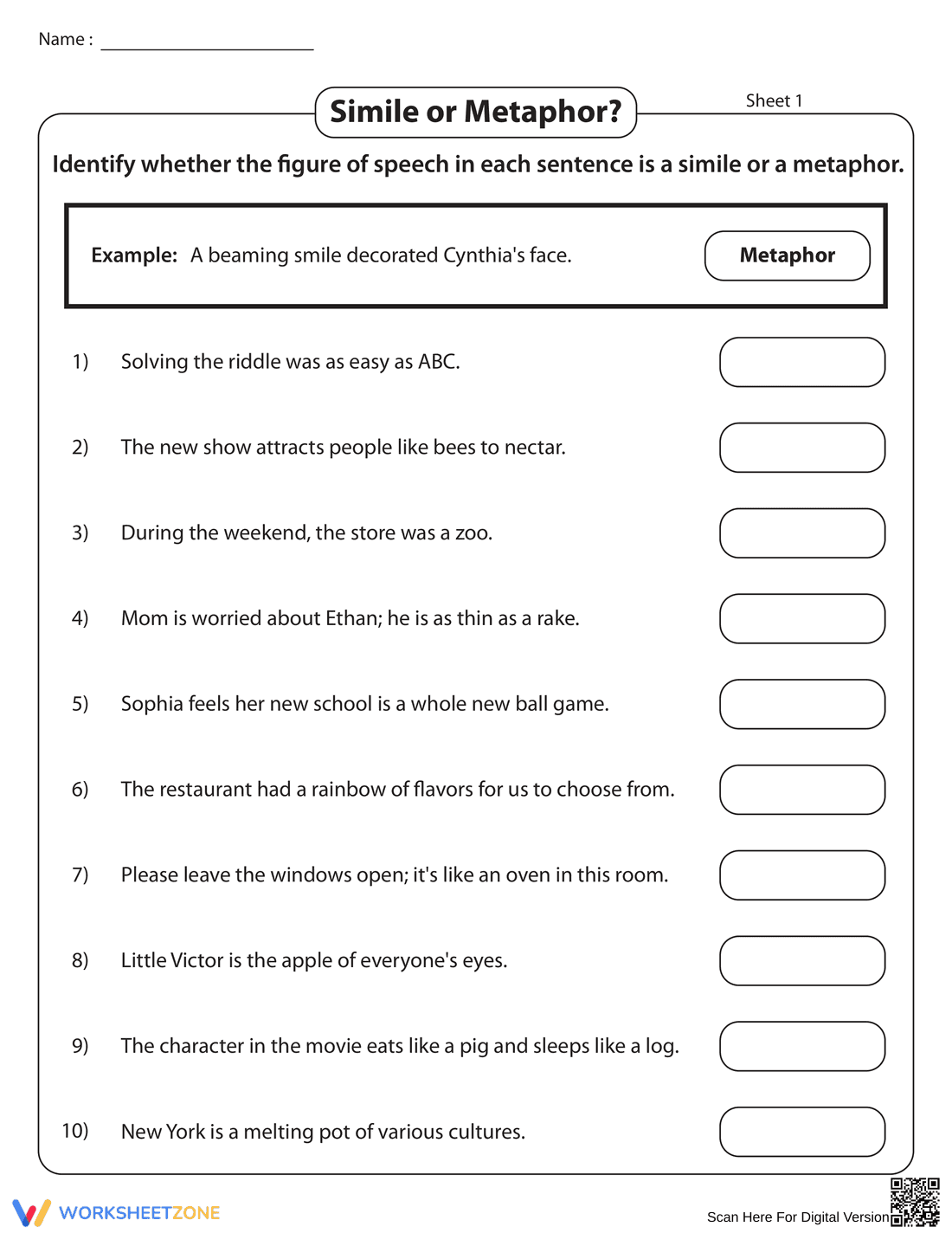 Simile or Metaphor: Identify Figurative Language Worksheet - Page 1
