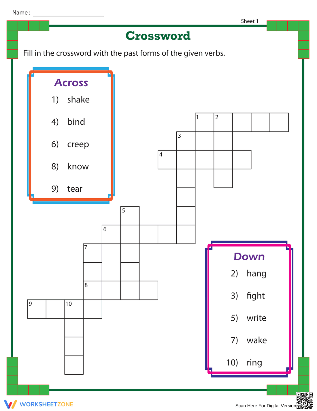 Printable Irregular Verbs Crossword | Grade 3-4 ELA - Page 1