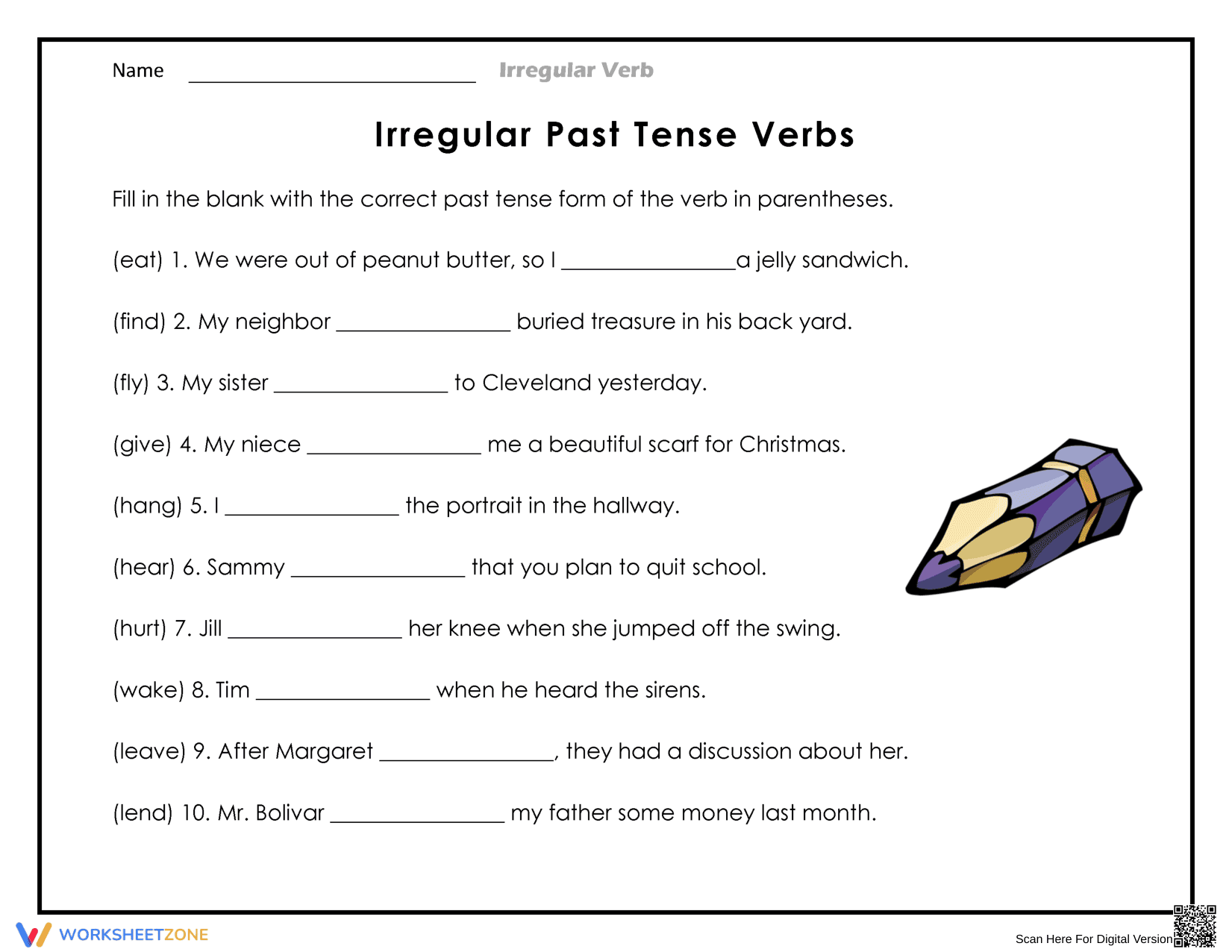 Printable Irregular Past Tense Verbs Worksheet, Grades 3-5 - Page 1