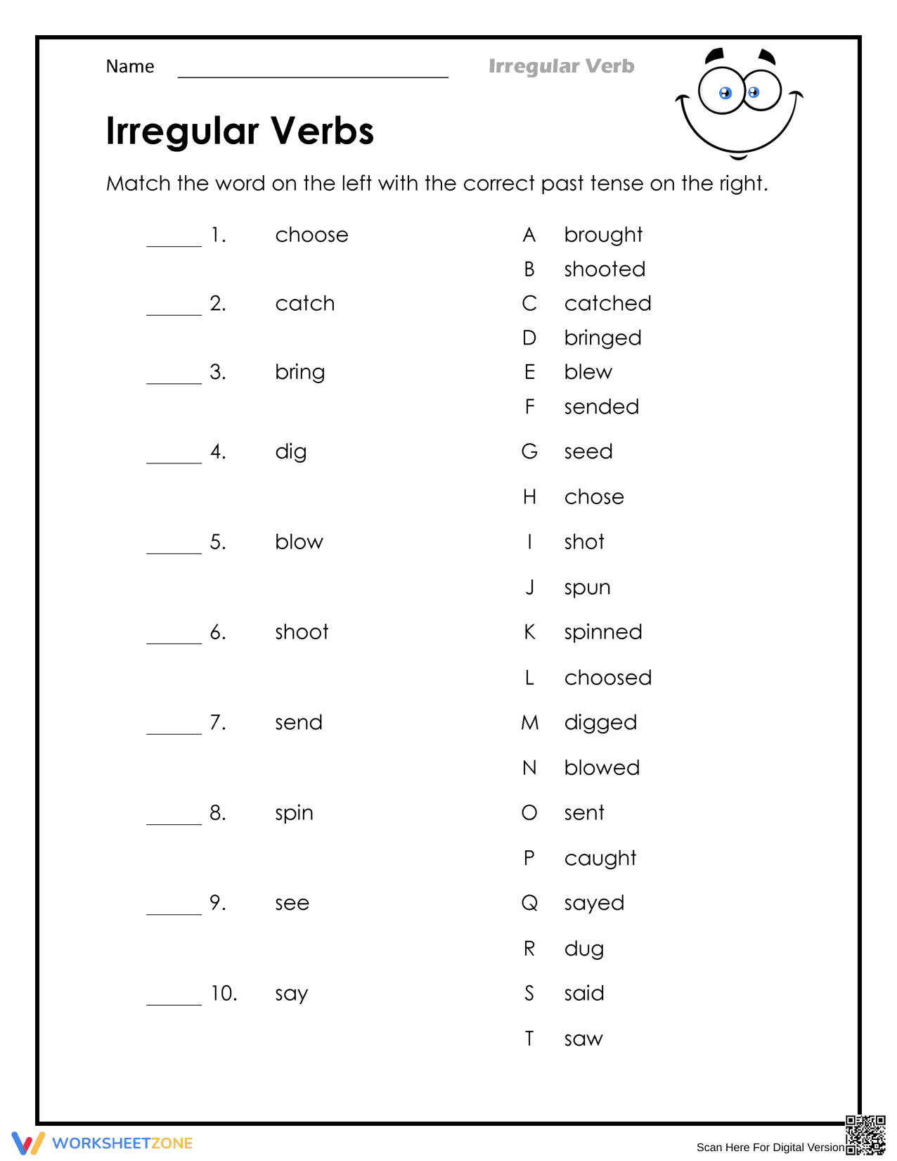 Essential Irregular Verbs Matching Worksheet | Grades 3-5 - Page 1