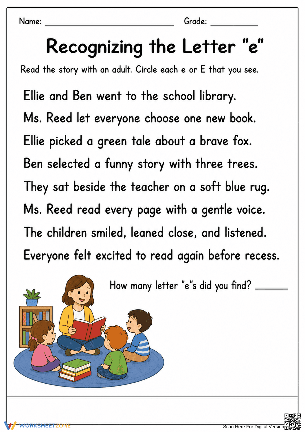Grade K-1 Letter e Recognition — Printable No-Prep Worksheet - Page 1