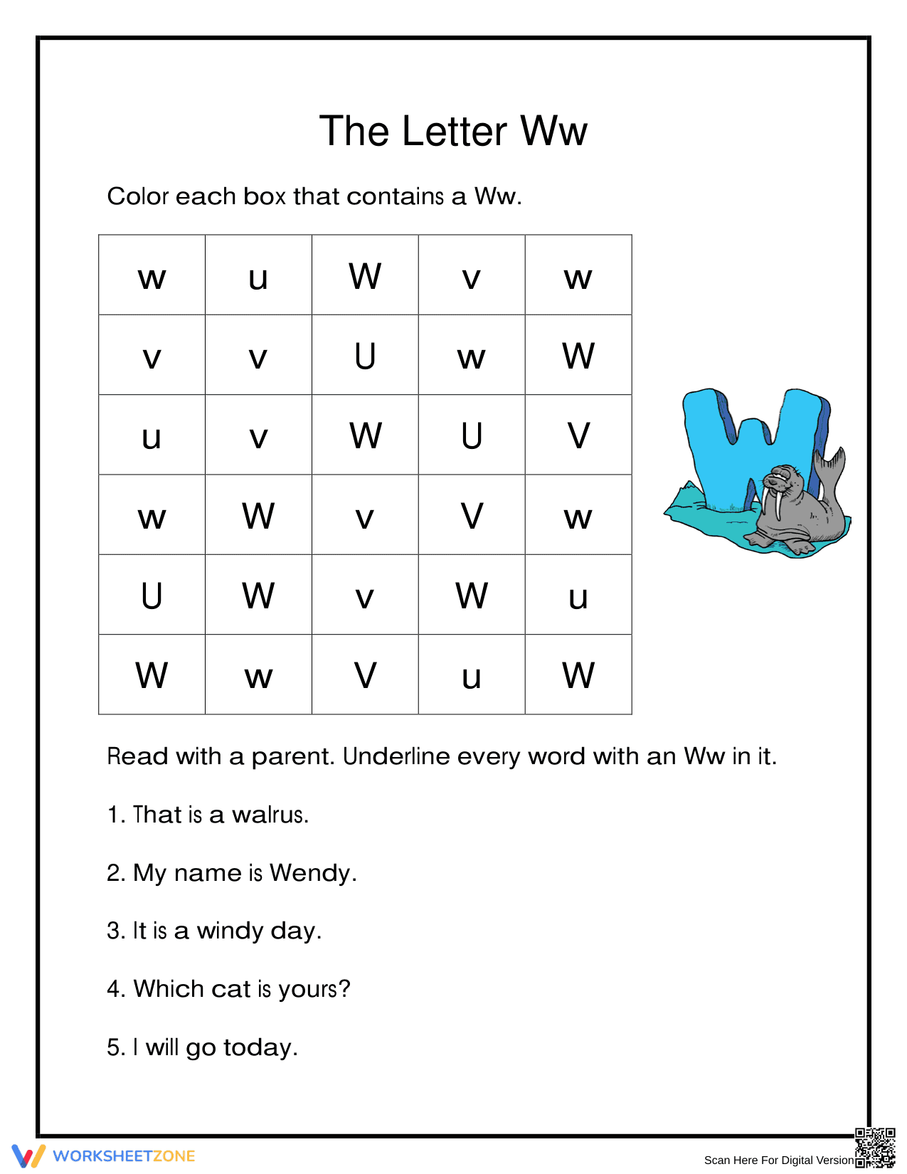 Grade 1 Letter Ww — Essential Printable Worksheet - Page 1
