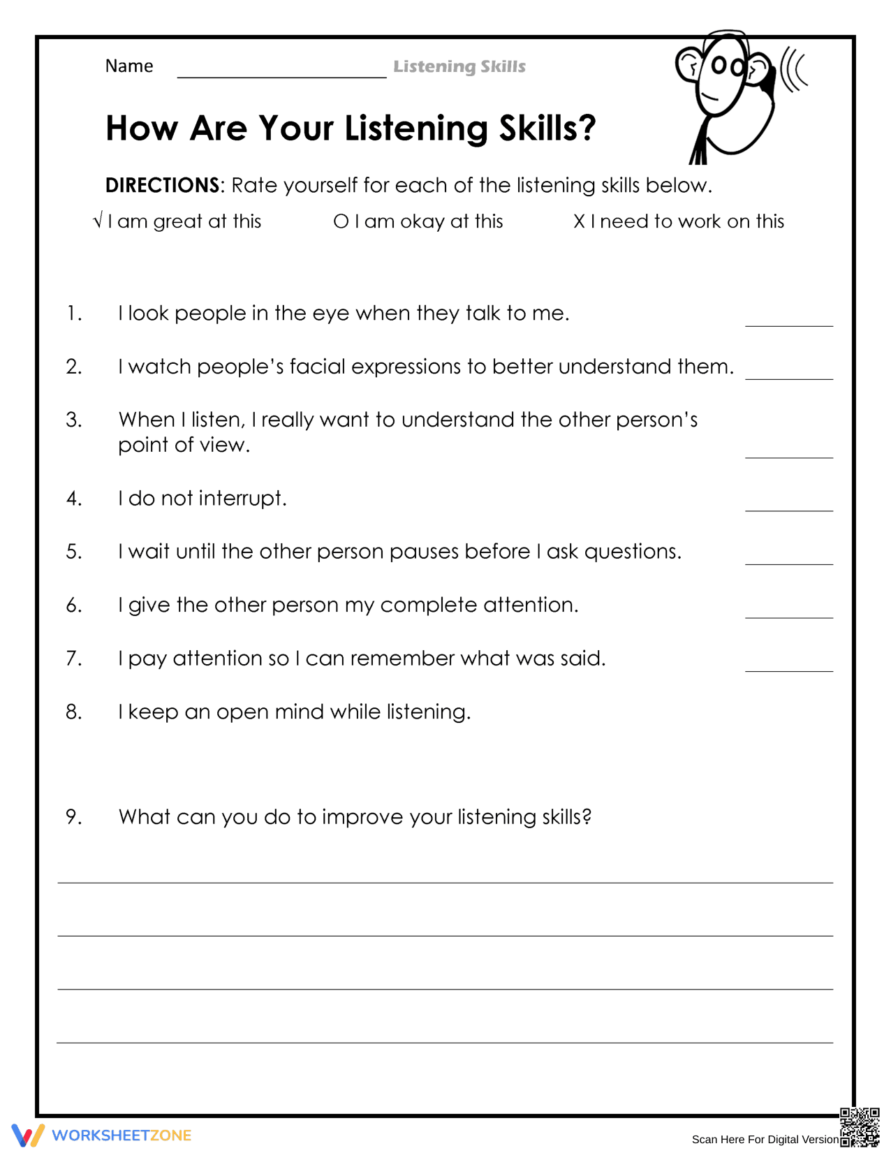 Essential Listening Skills Self-Assessment | Grade 4 - Page 1