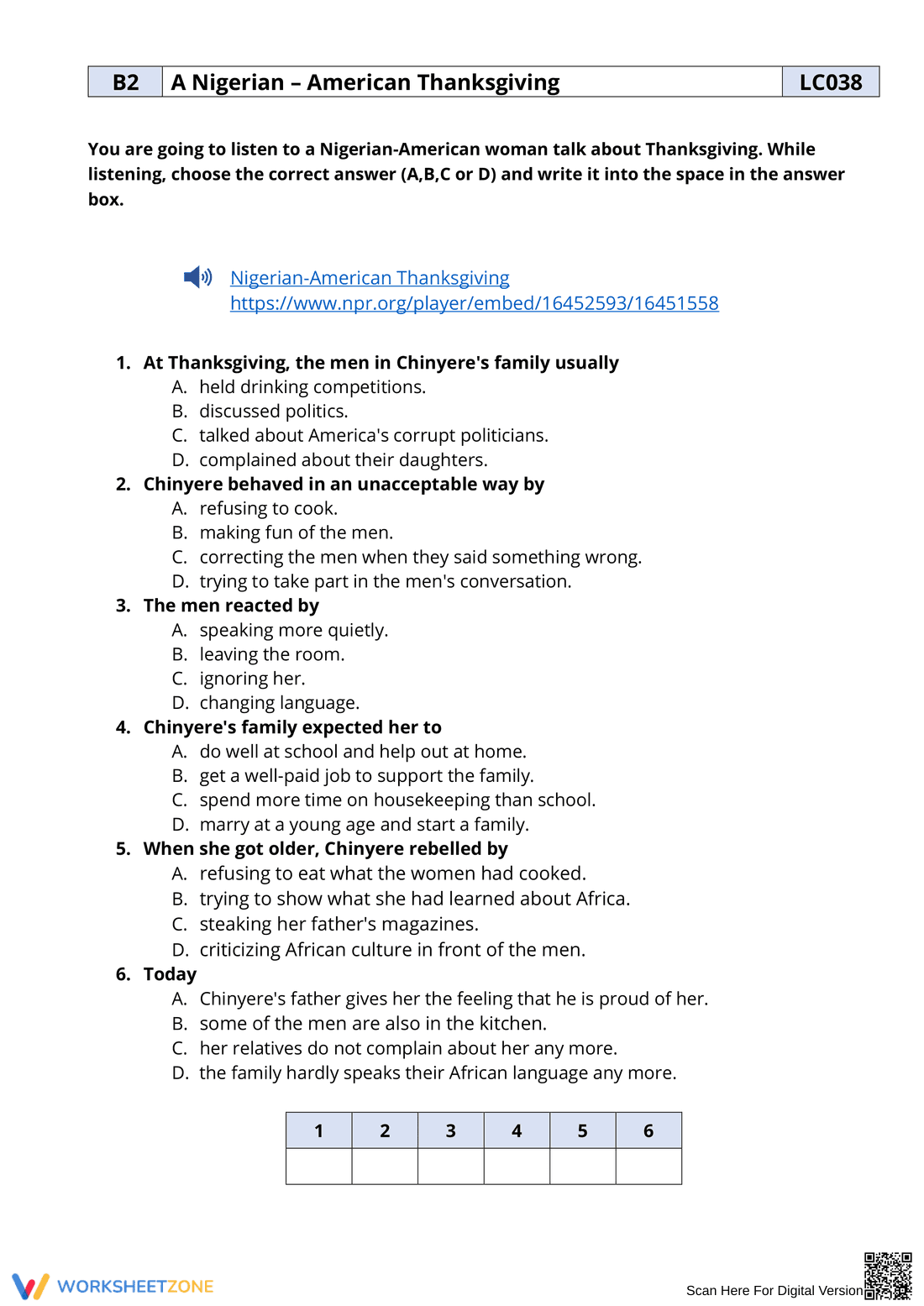 Essential Grade 6 Listening: Nigerian-American Thanksgiving - Page 1