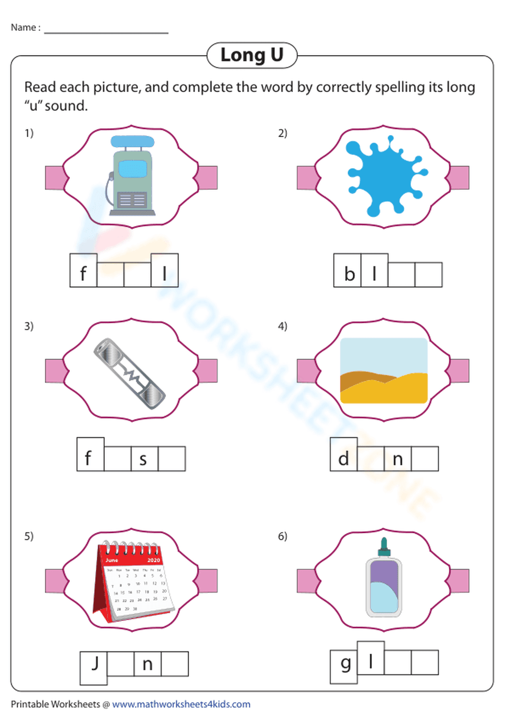 Completing Long U Words: Spelling Practice Worksheet - Page 1