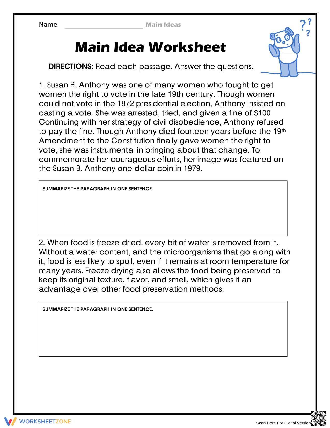 Printable Main Idea and Summary Worksheet | Grades 6-9 - Page 1