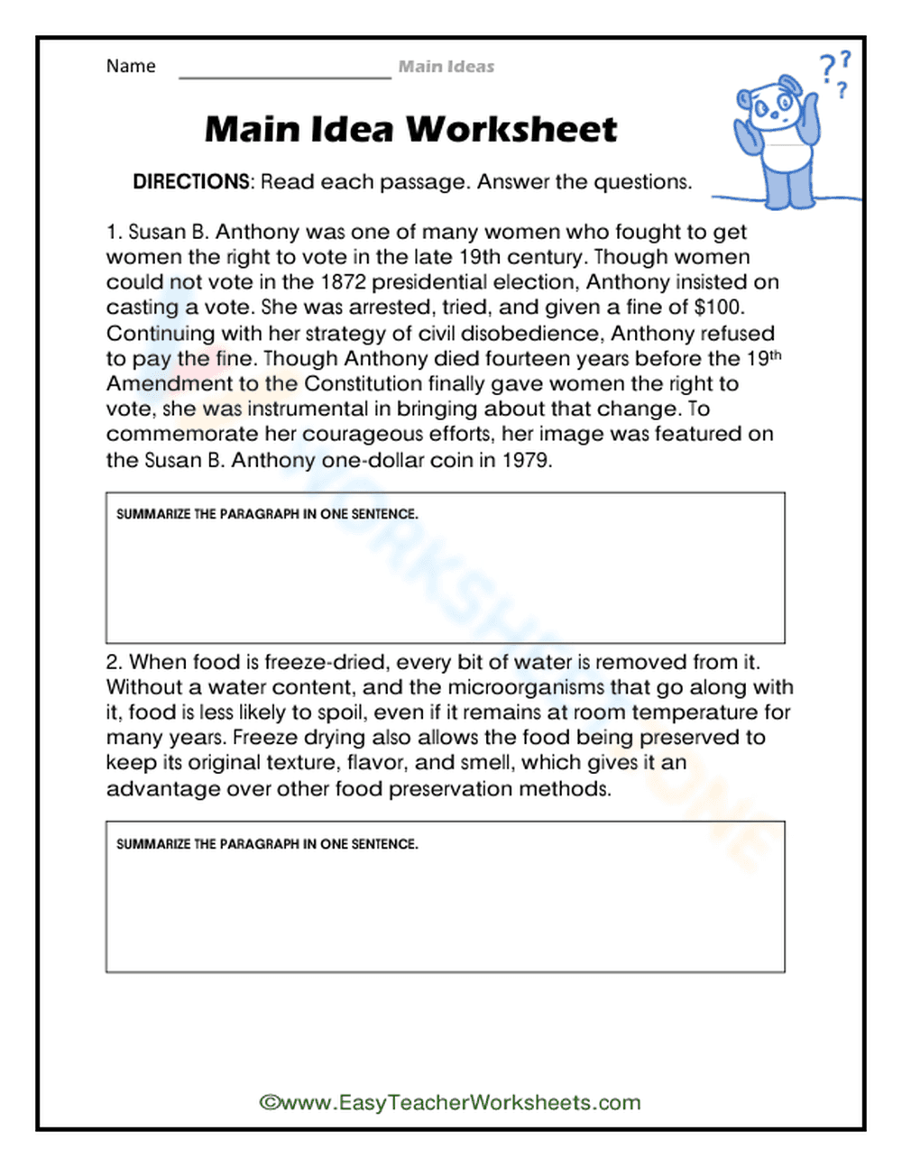 Printable Main Idea and Summary Worksheet | Grades 6-9 - Page 1