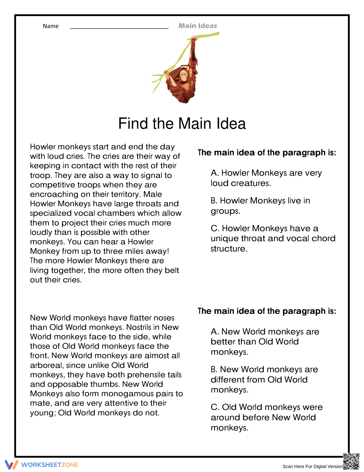 Howler Monkeys: Animal Facts Worksheet - Page 1