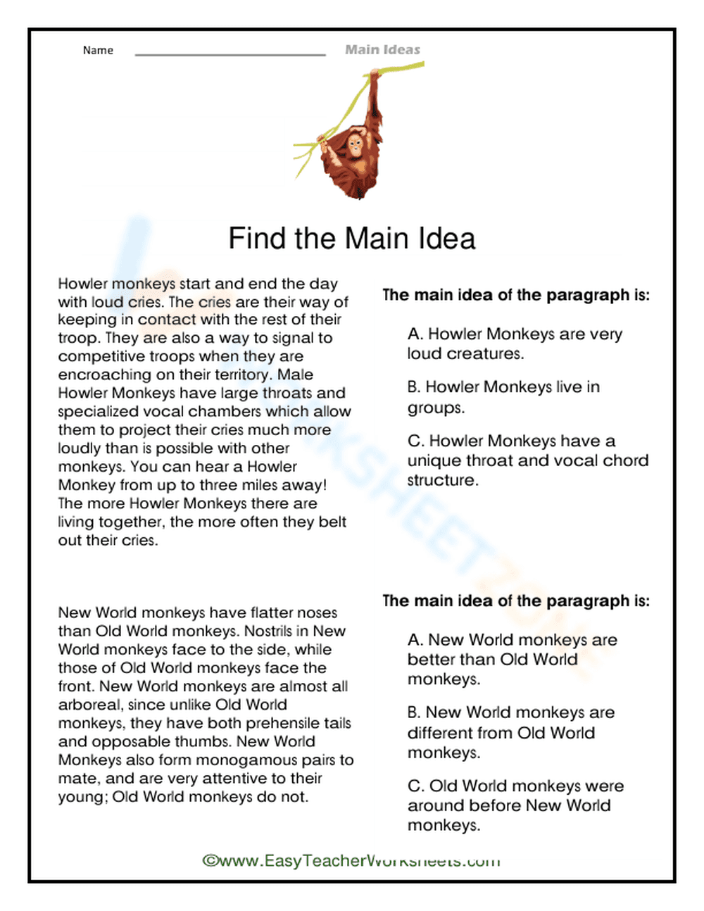 Howler Monkeys: Animal Facts Worksheet - Page 1