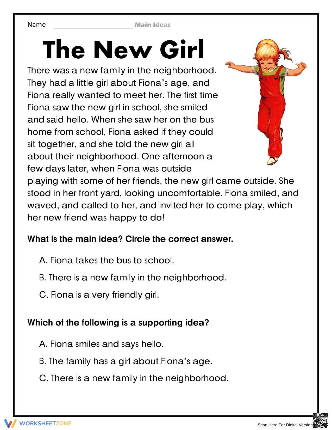 Essential Grade 3 Main Idea Worksheet: The New Girl - Page 1