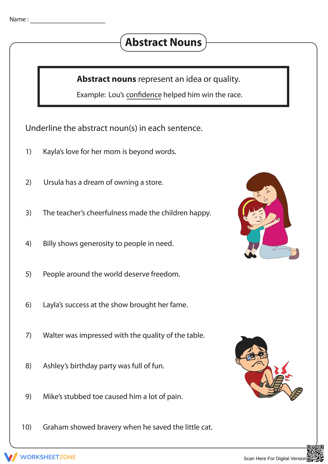 Identifying Abstract Nouns Worksheet - Page 1