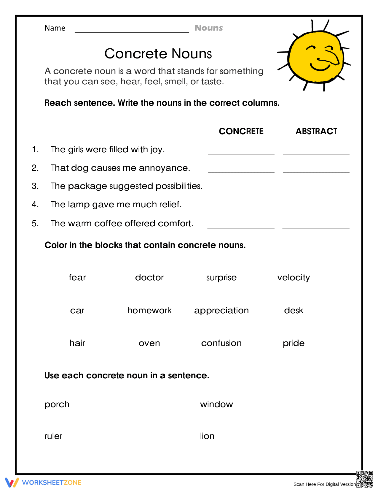 Concrete and Abstract Nouns Worksheet | Essential Grade 3-5 - Page 1