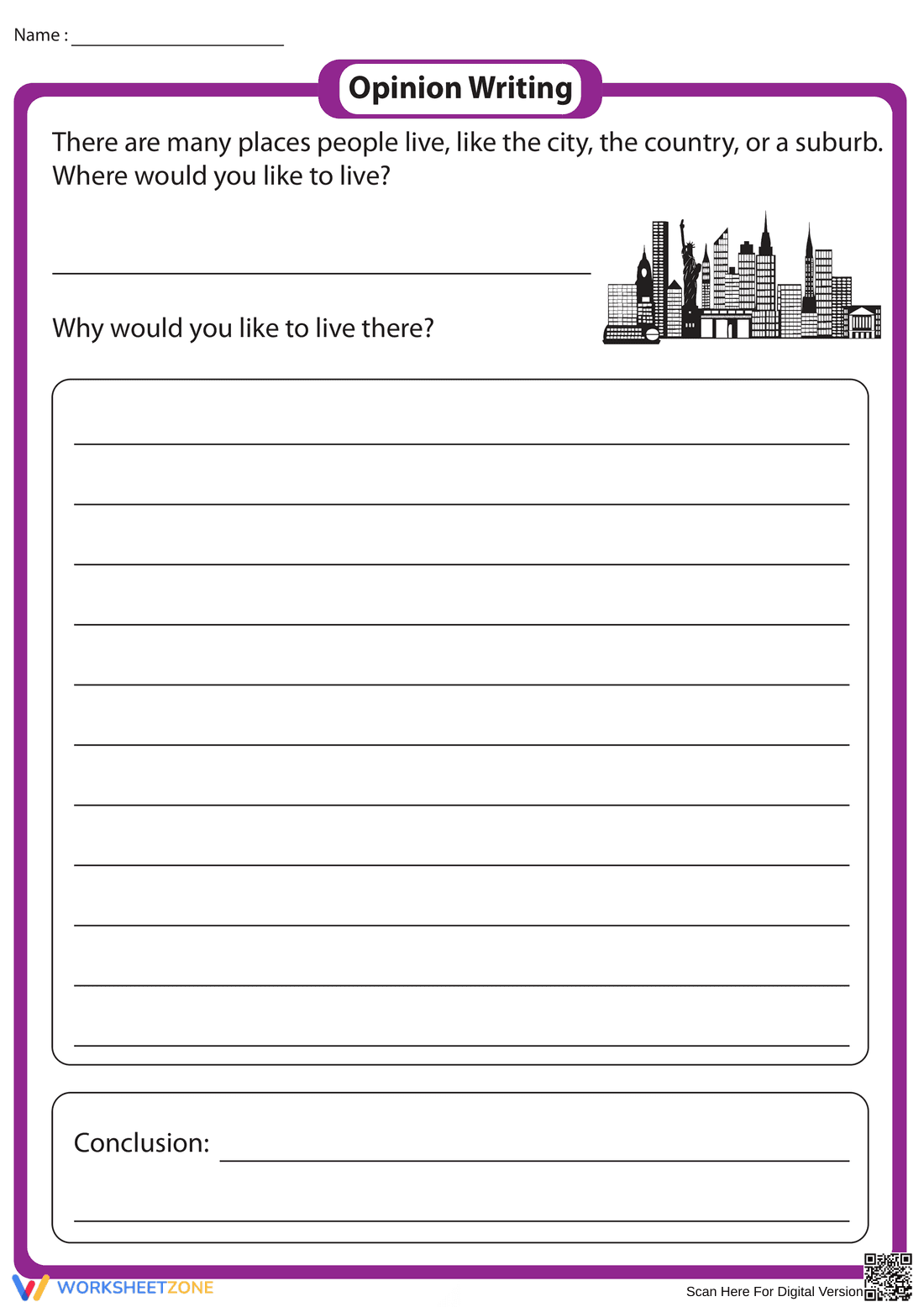 City or Suburb Opinion Writing Worksheet - Page 1