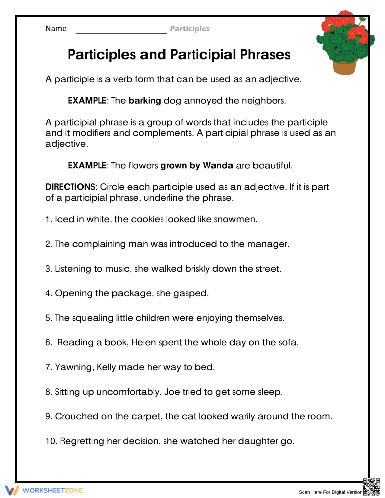 Printable Participial Phrases Worksheet | Grade 5 Grammar - Page 1