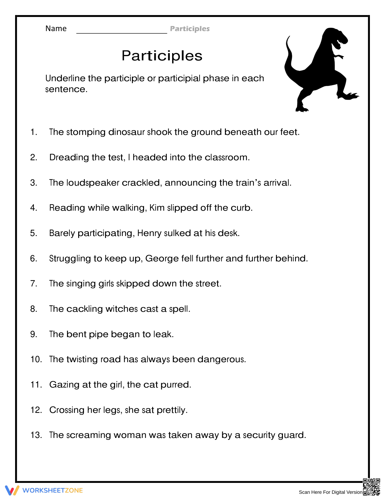Grade 8 Participles & Phrases — Essential Worksheet - Page 1