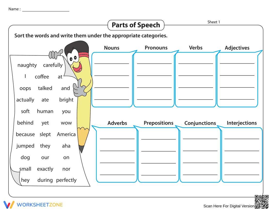 Eight Parts of Speech Sorting Worksheet - Page 1