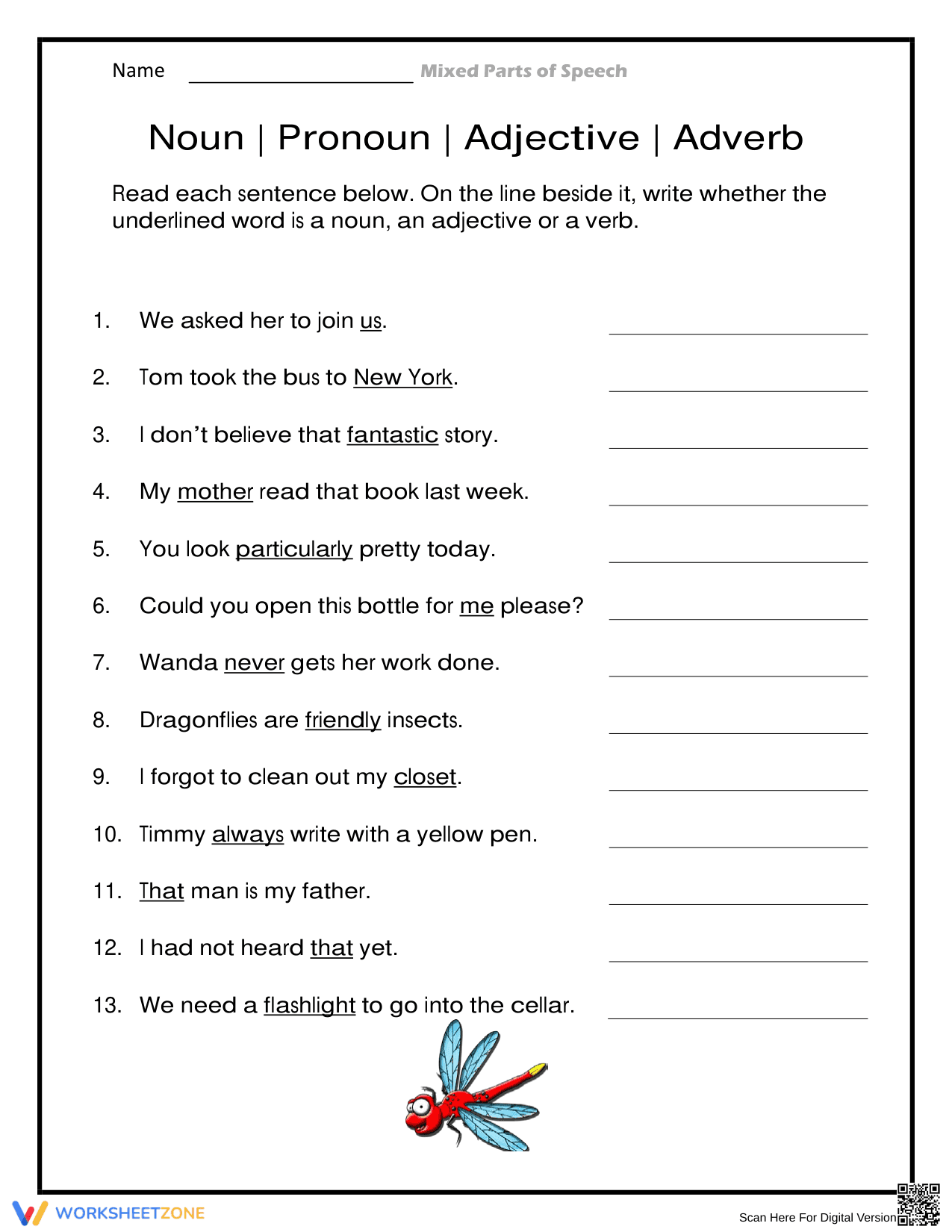 Essential Parts of Speech Worksheet | Grade 3-4 ELA - Page 1
