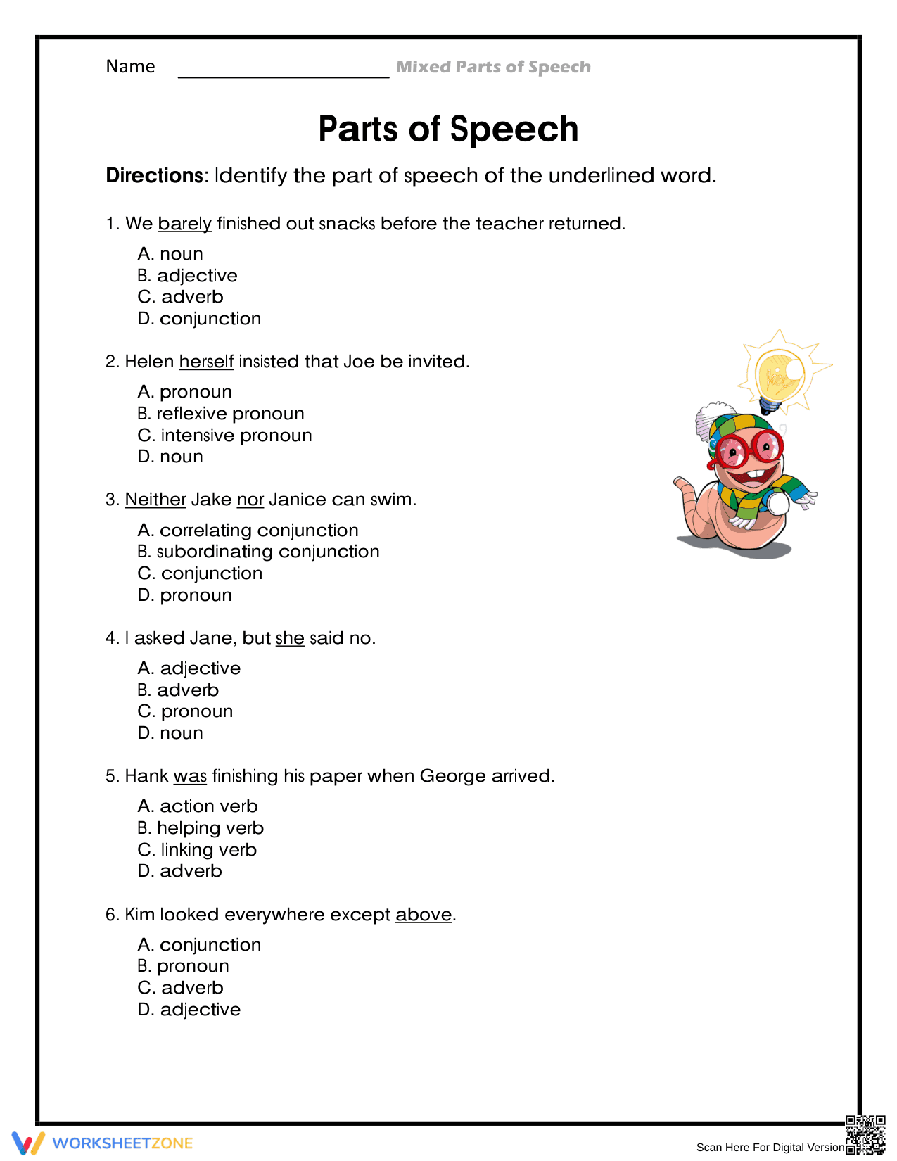 Mixed Parts of Speech Worksheet | Grade 6 Essential - Page 1