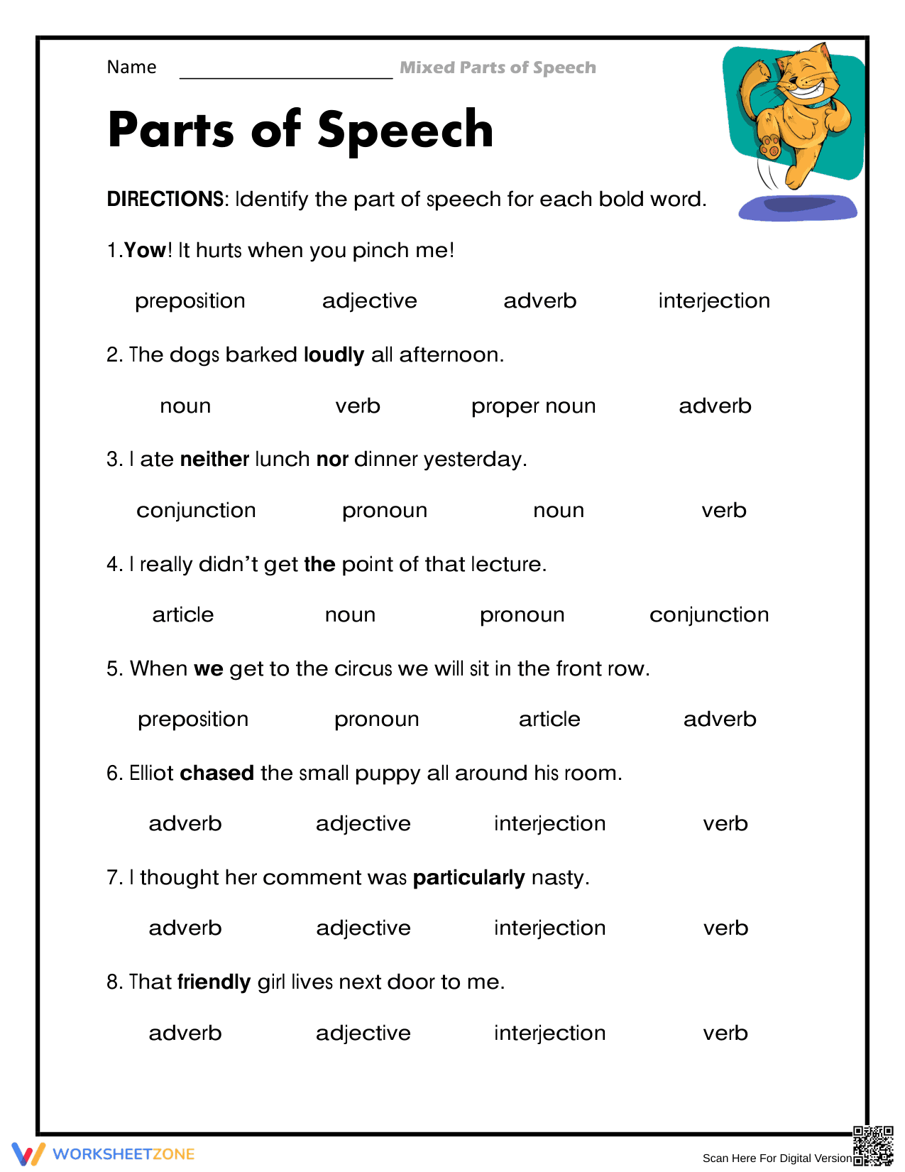 Grade 5 Parts of Speech — Printable No-Prep Worksheet - Page 1