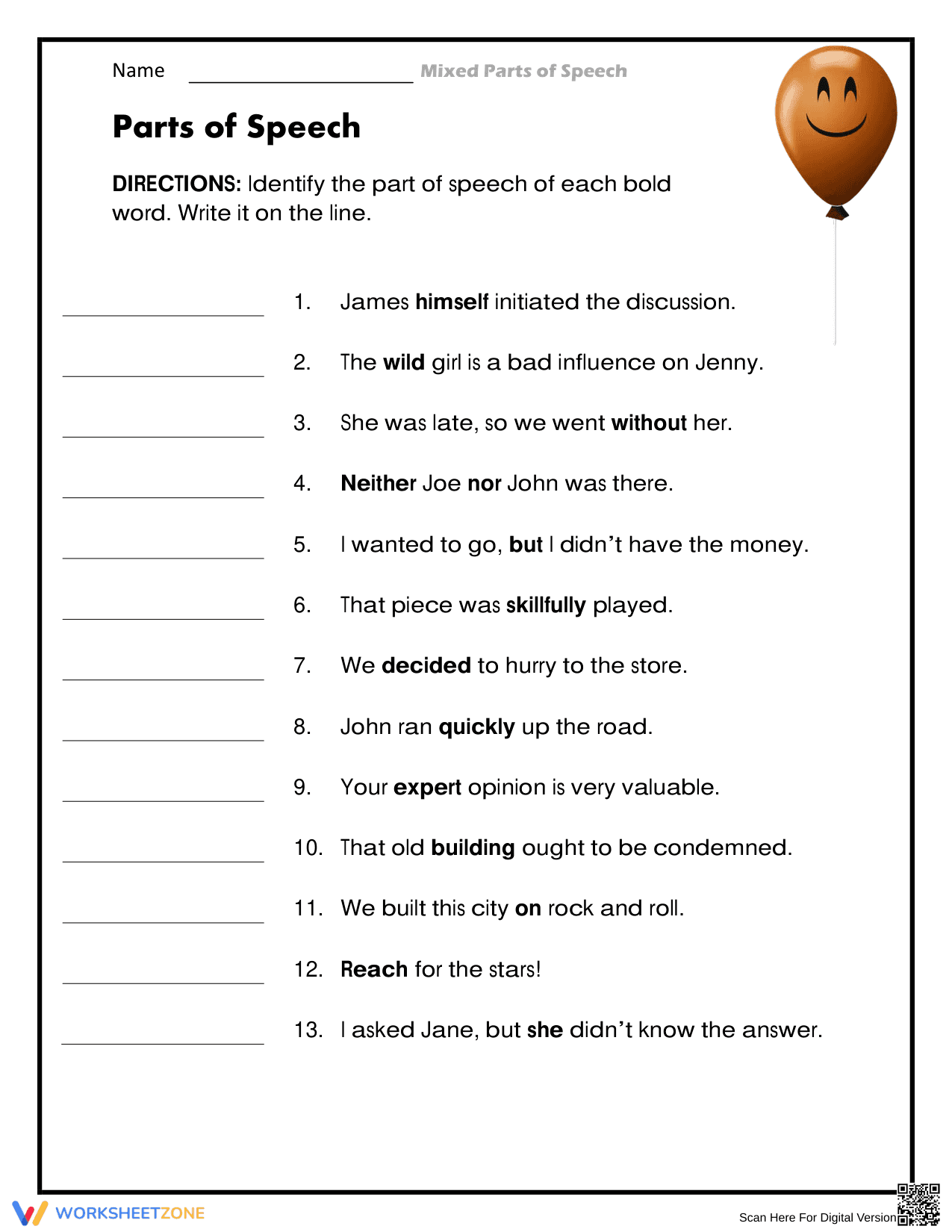 Essential Mixed Parts of Speech Worksheet | Grade 6 ELA - Page 1