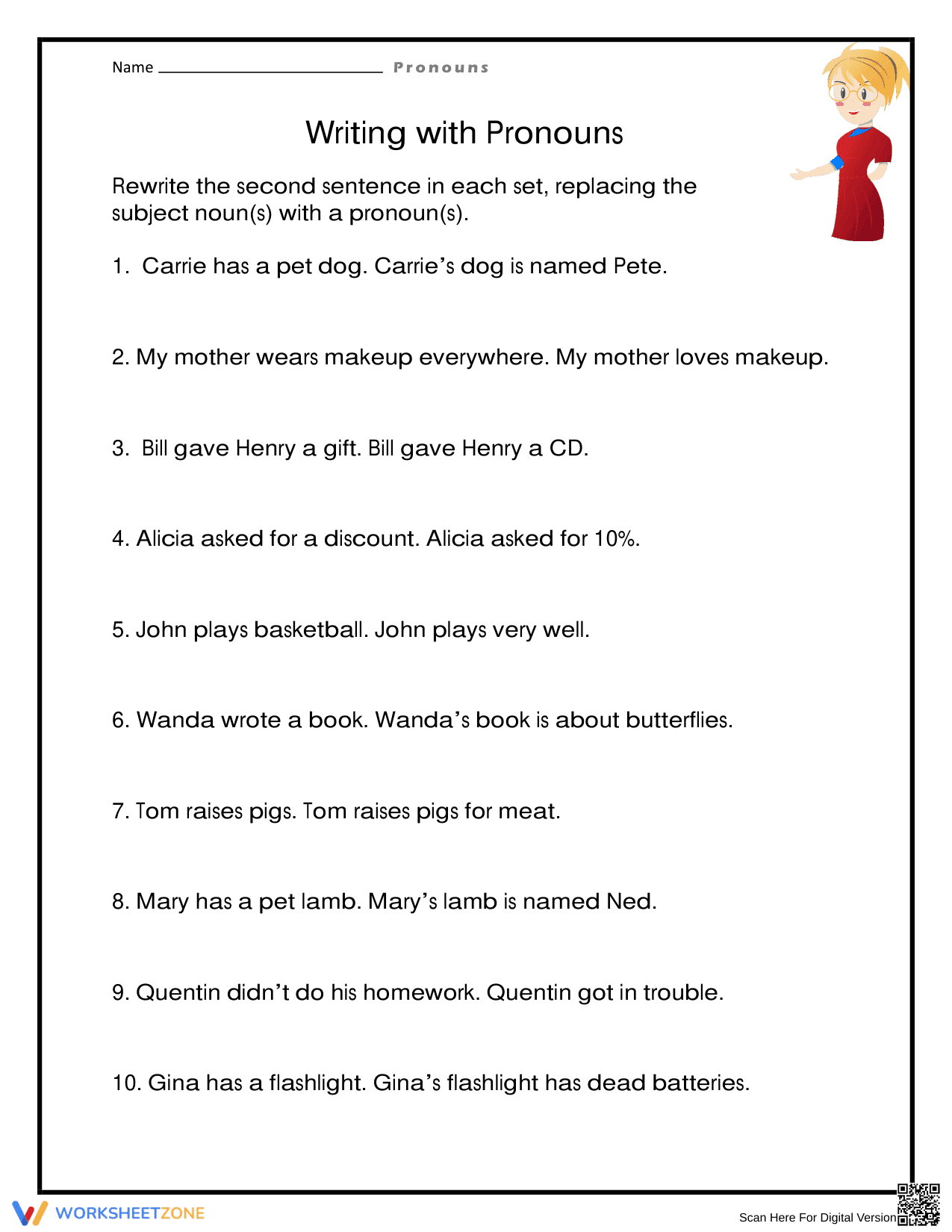 Essential Writing with Pronouns Worksheet | Grade 1-5 - Page 1
