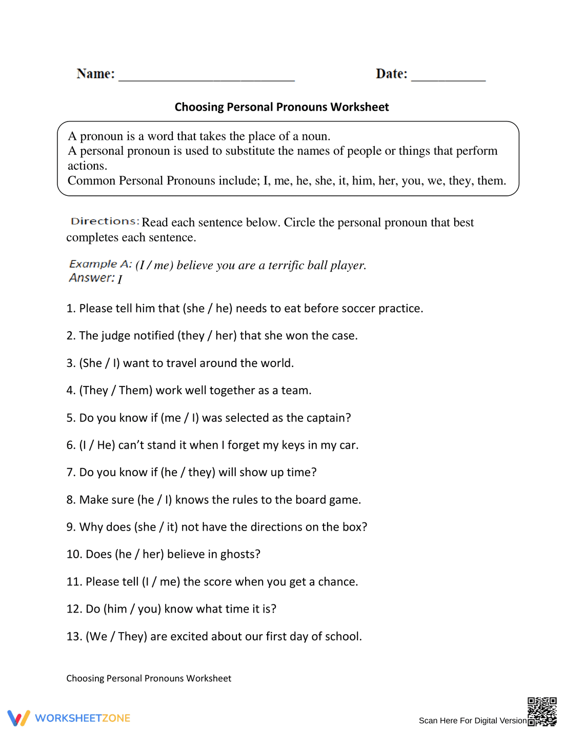 Grade 4 Personal Pronouns — Printable No-Prep Worksheet - Page 1