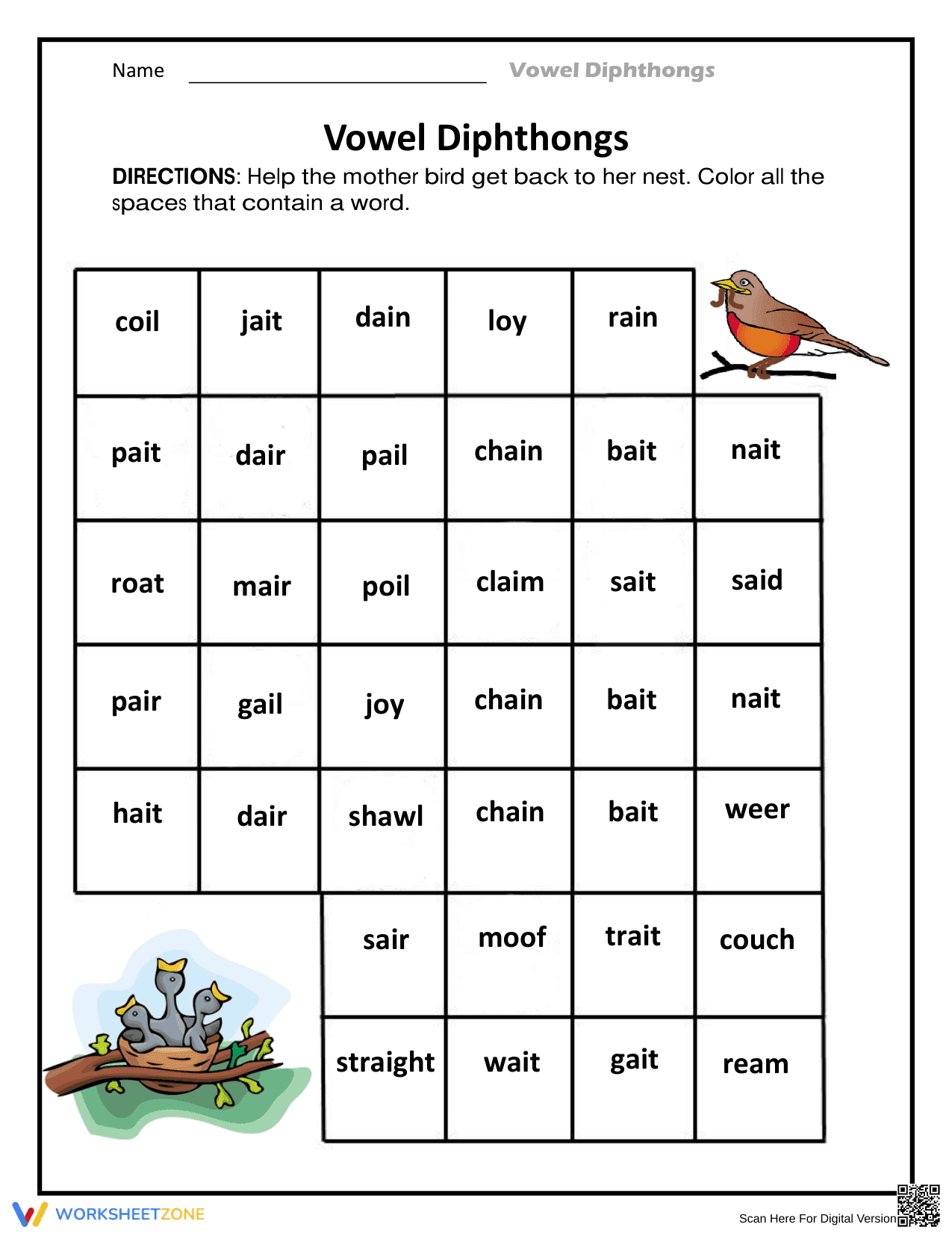 Essential Vowel Diphthongs Worksheet | Grade 1-2 Phonics - Page 1