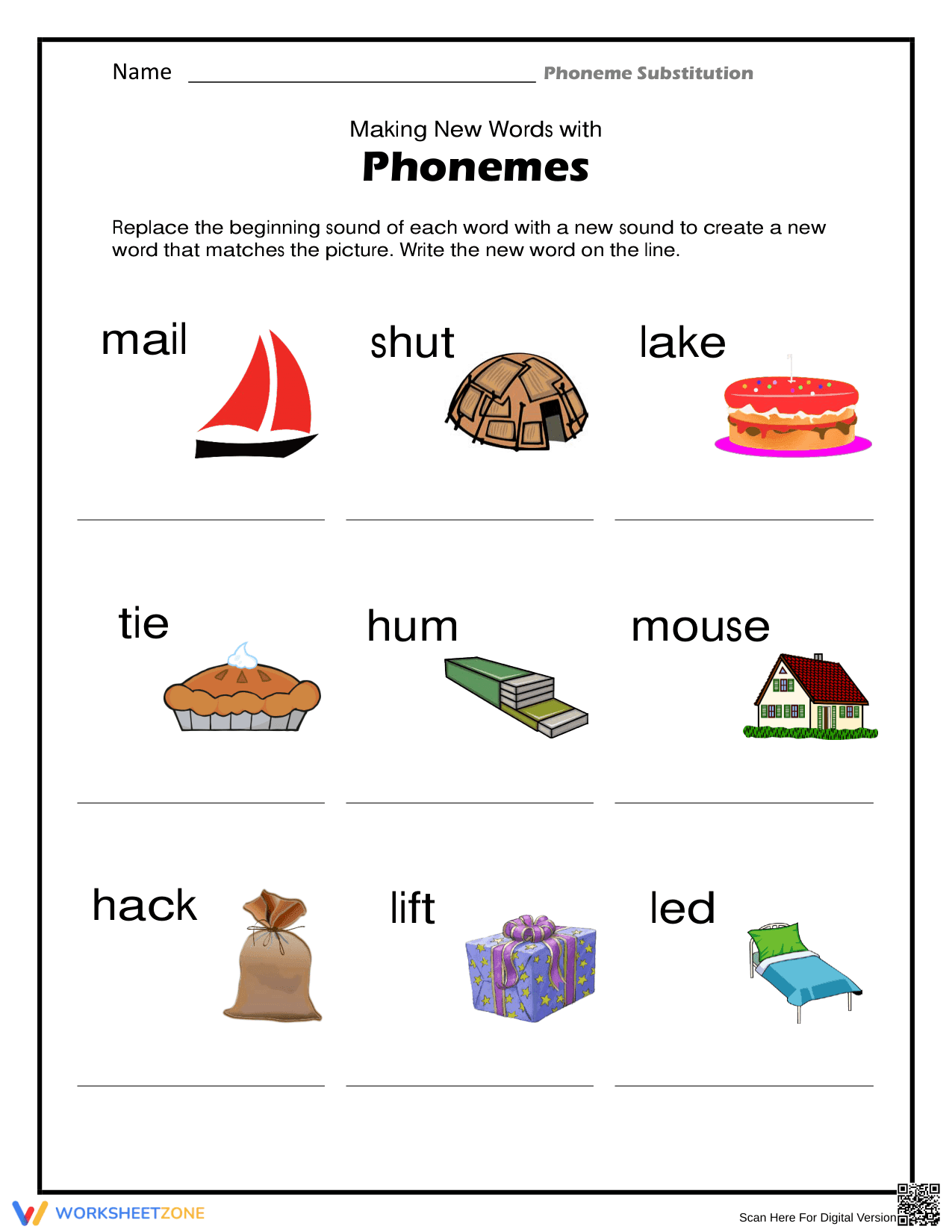 Grade K-1 Phoneme Substitution — Printable No-Prep Worksheet - Page 1