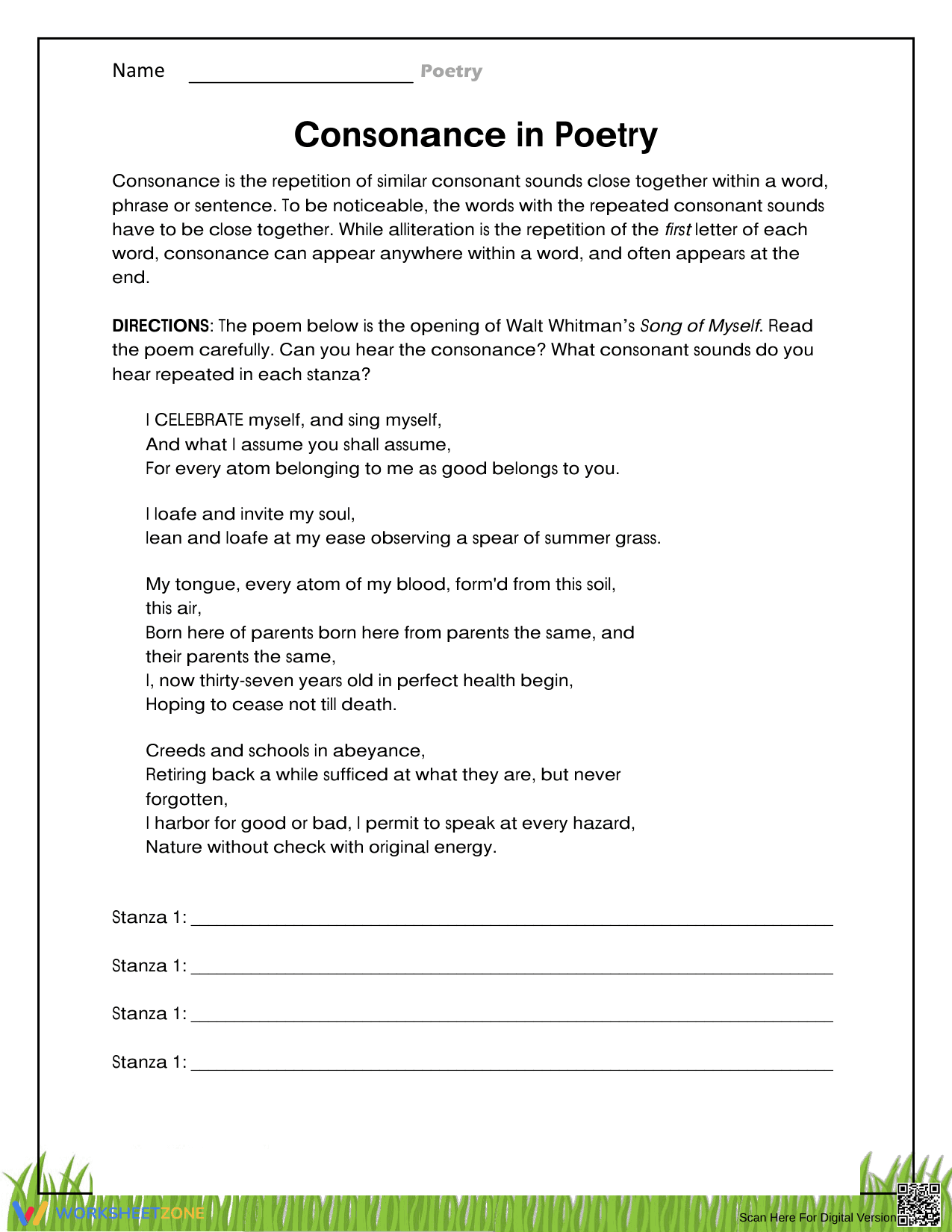 Consonance in Poetry Worksheet - Page 1