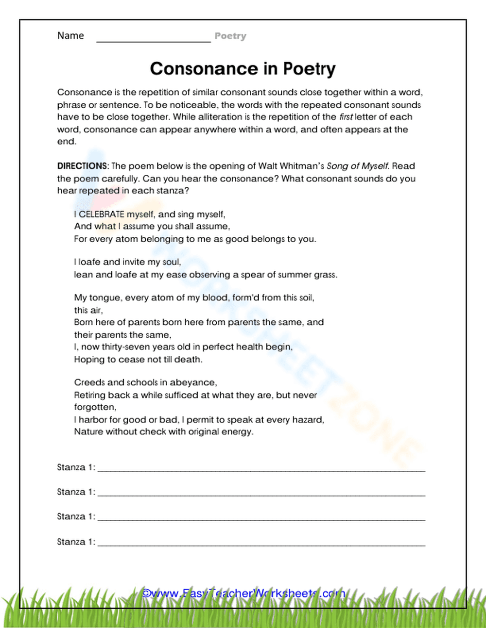 Consonance in Poetry Worksheet - Page 1