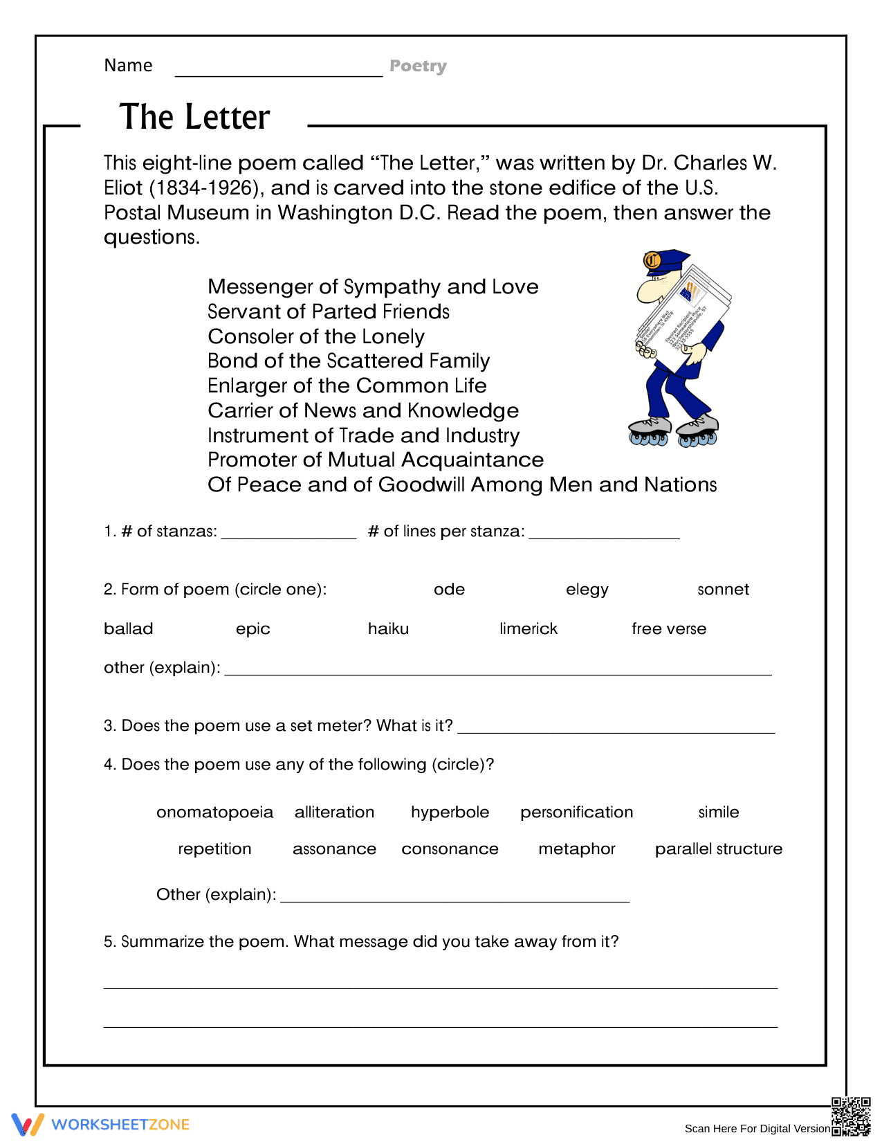 The Letter: A Poetry Analysis Worksheet - Page 1