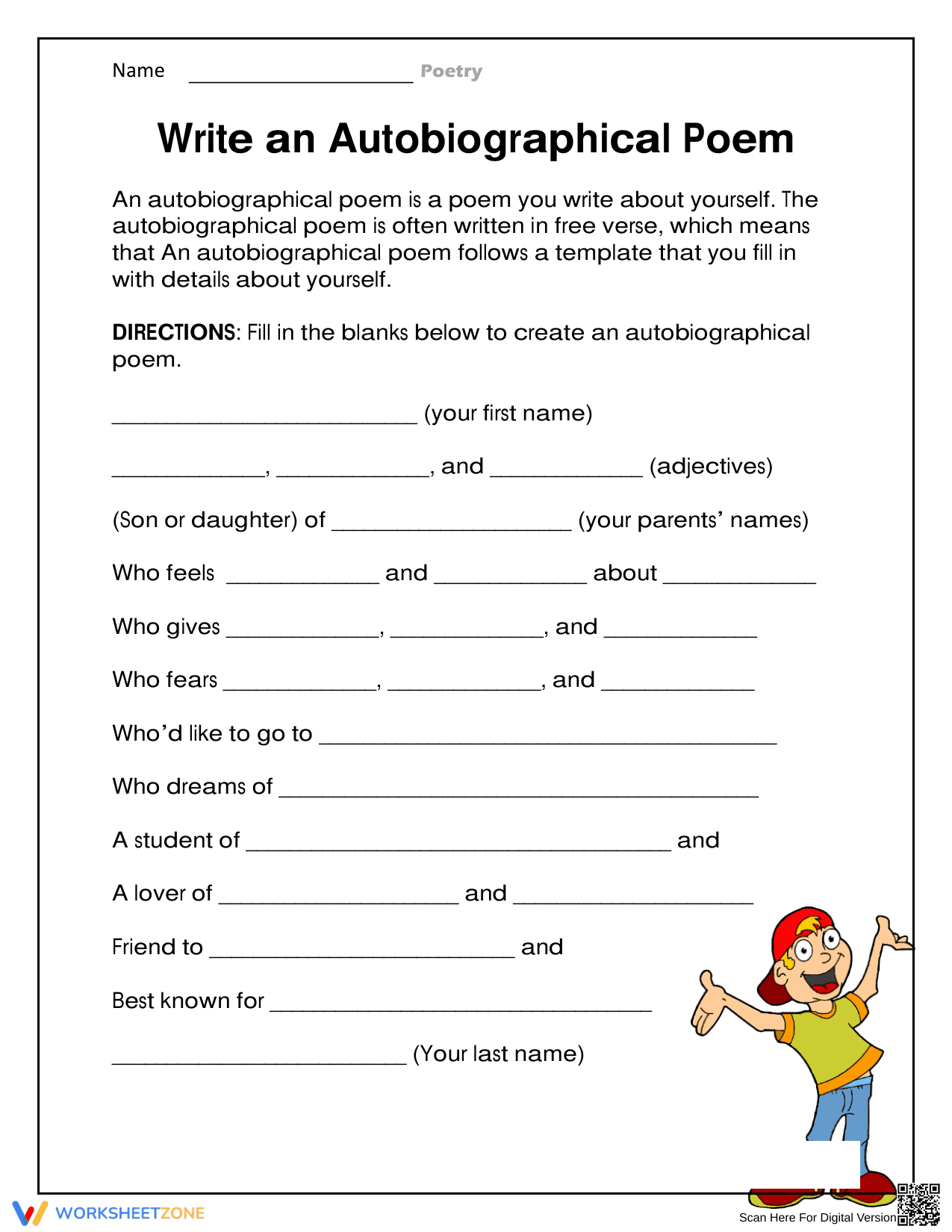 Write an Autobiographical Poem Worksheet - Page 1