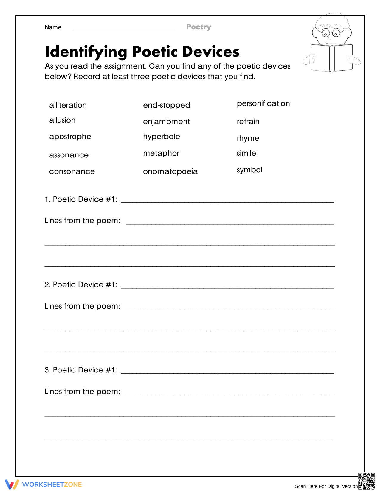 Essential Identifying Poetic Devices Worksheet | Grade 6-7 - Page 1