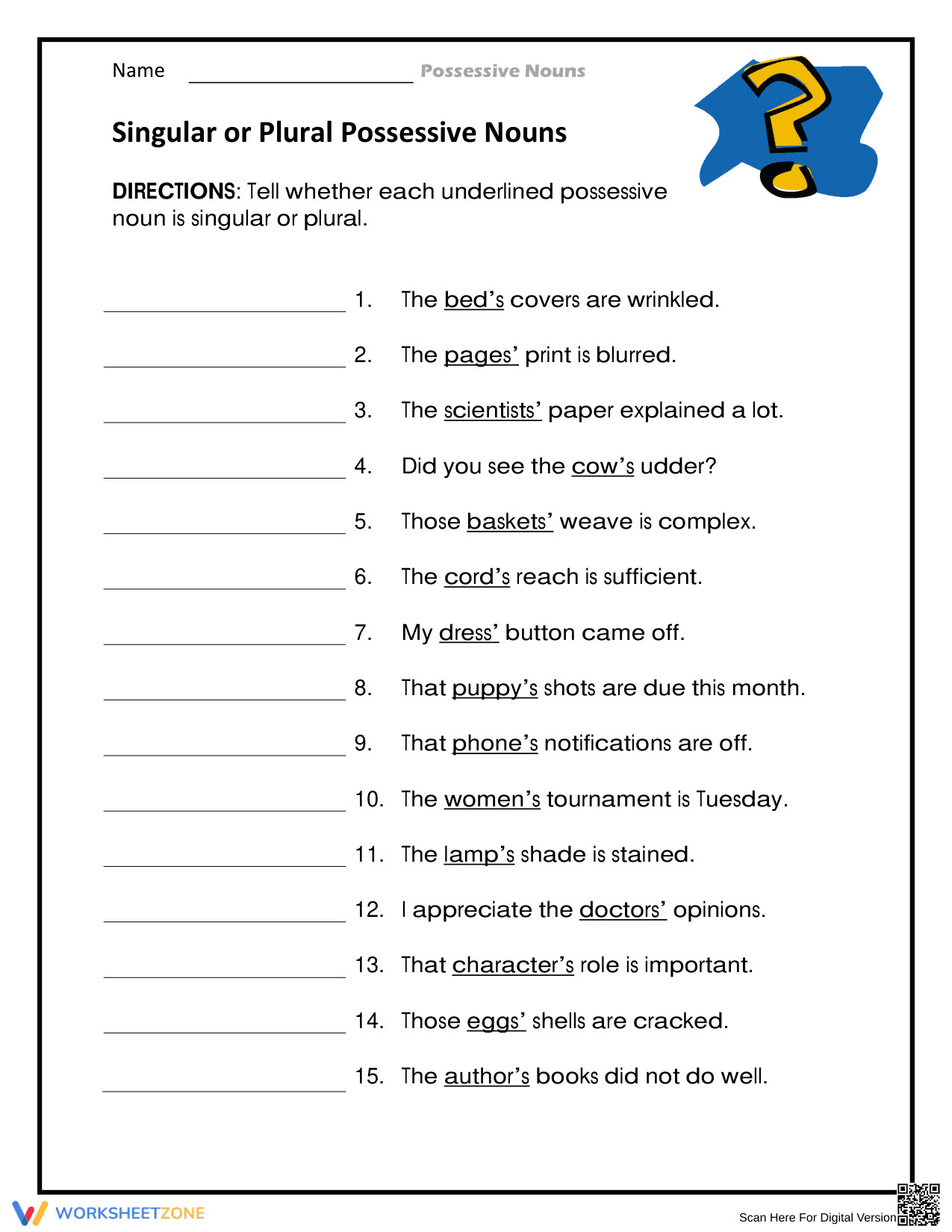 Essential Singular or Plural Possessive Nouns Worksheet - Page 1
