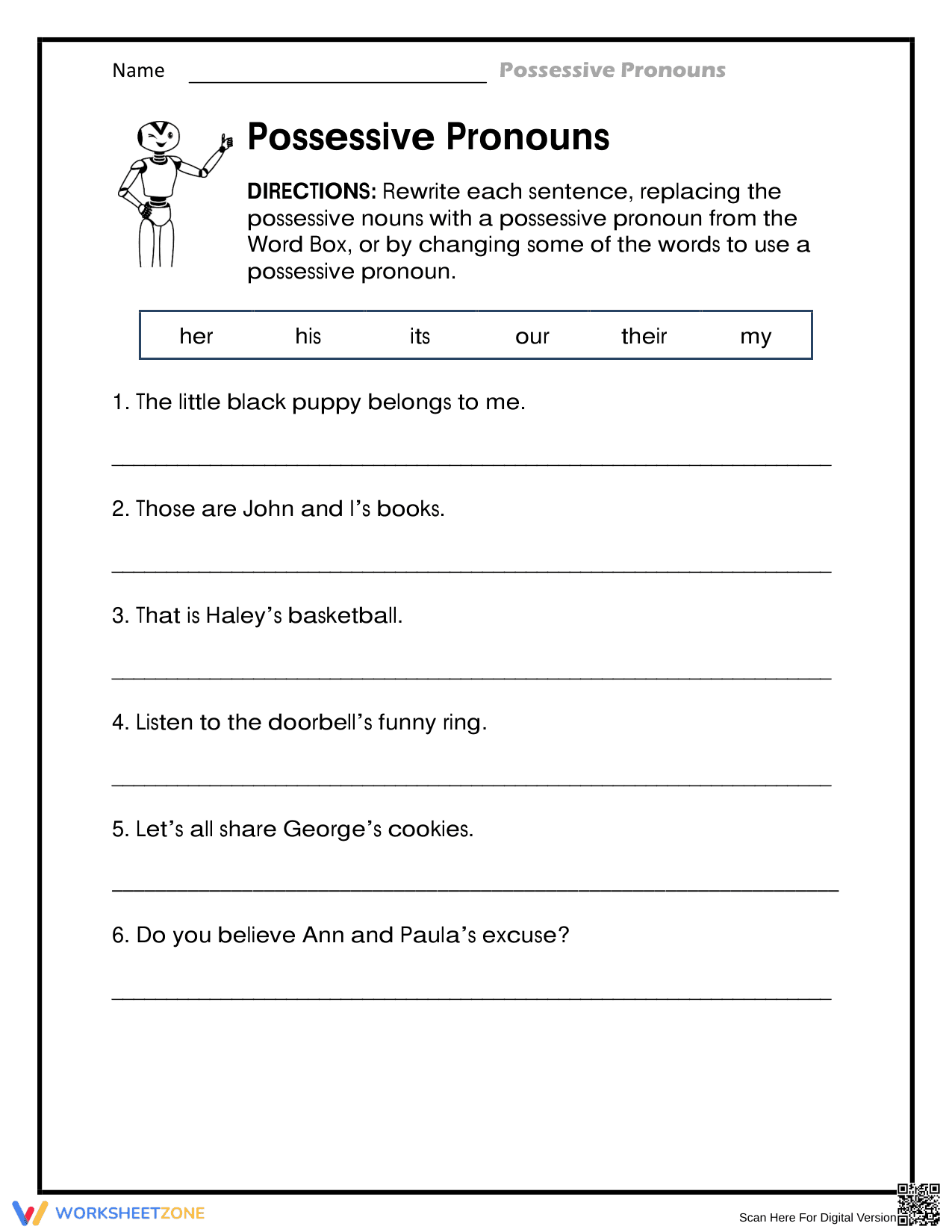 Grade 3 Possessive Pronouns — Printable No-Prep Worksheet - Page 1