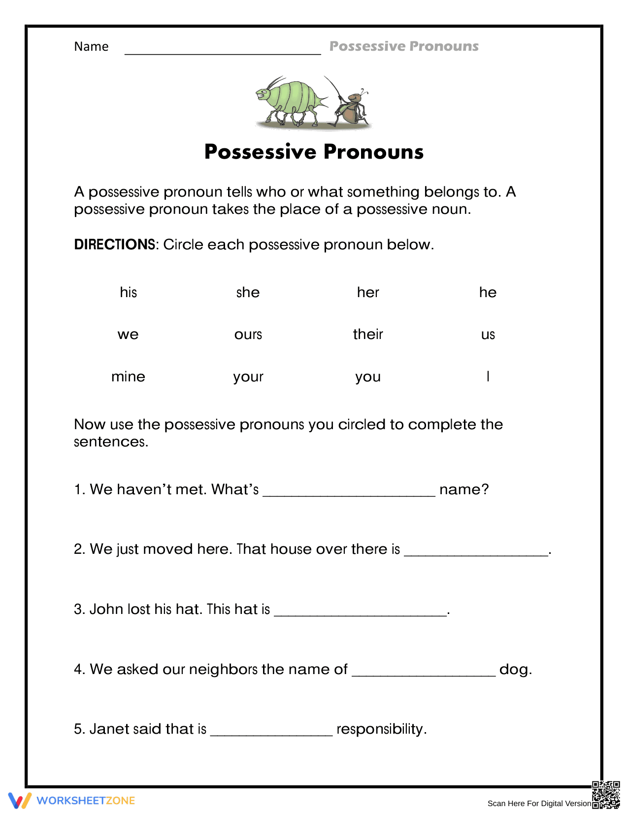 Essential Possessive Pronouns Worksheet | Grade 3 English - Page 1
