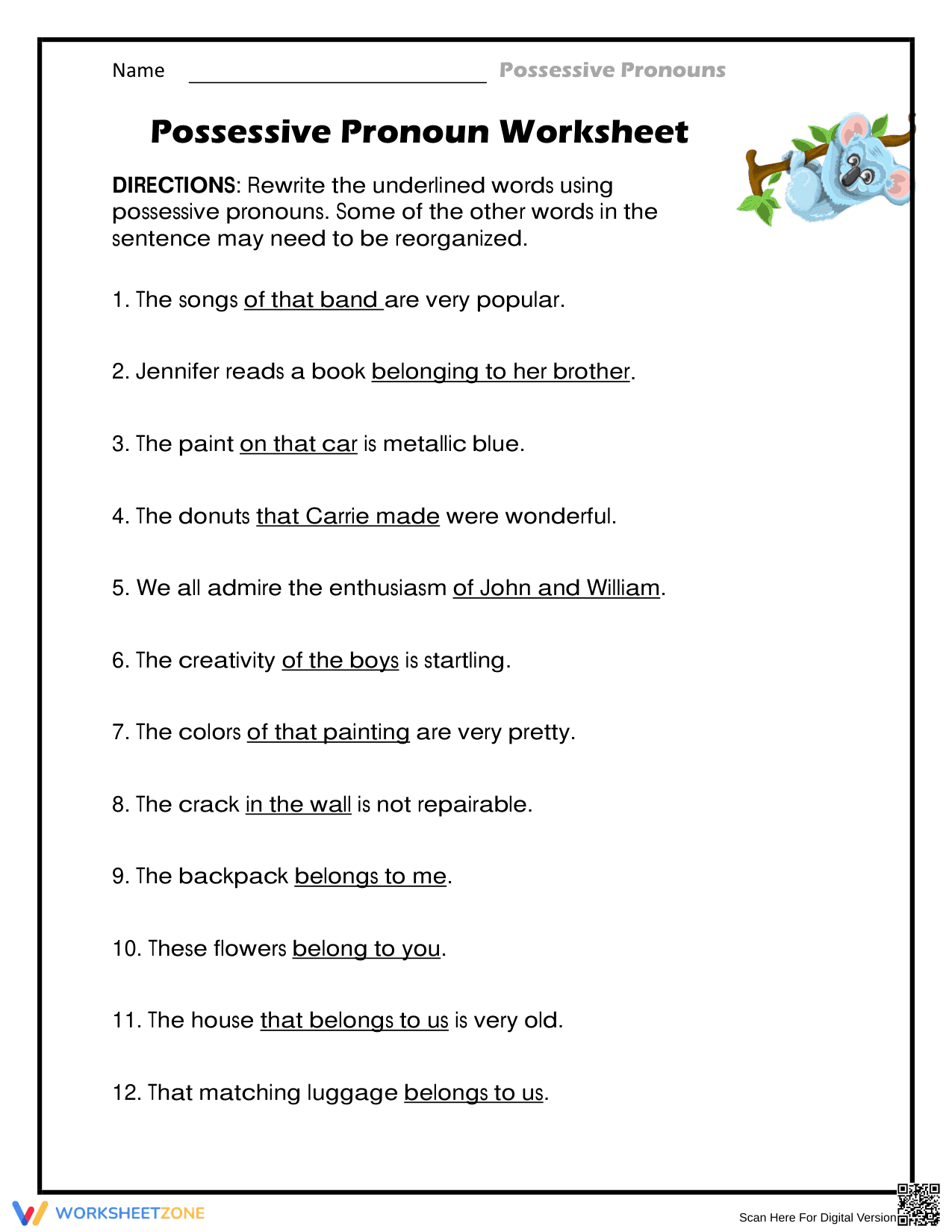 Printable Possessive Pronouns Worksheet | Grade 3 ELA - Page 1