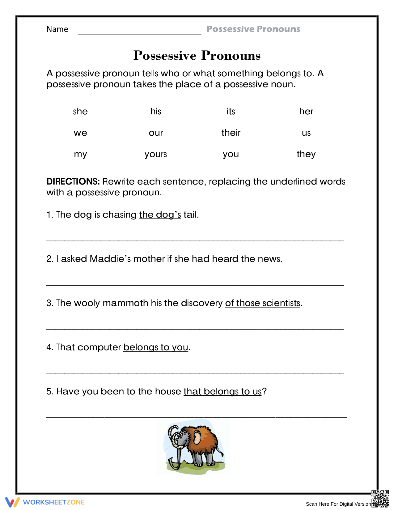 Essential Possessive Pronouns Worksheet | Grade 3 English - Page 1