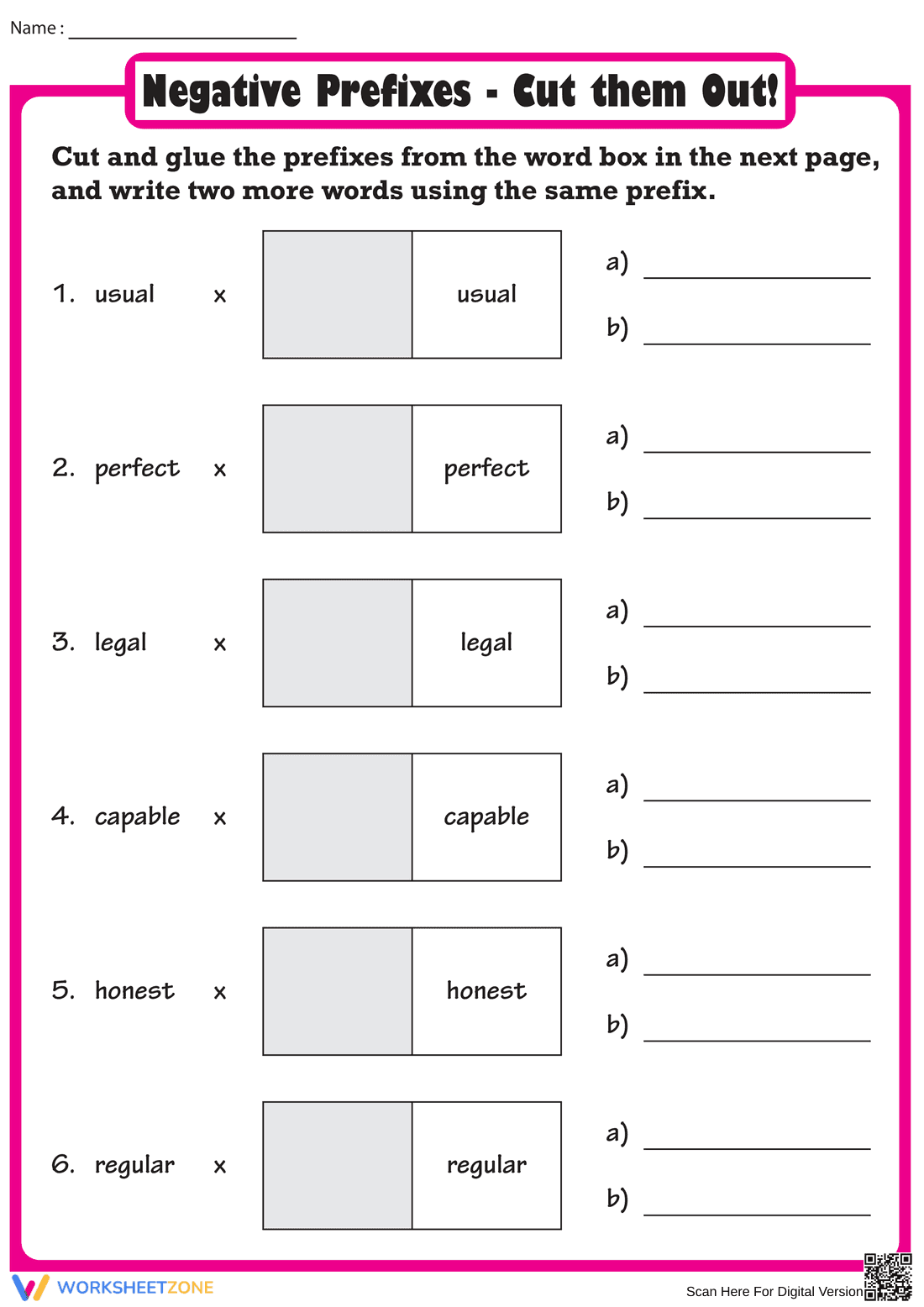 Negative Prefixes Cut and Glue Worksheet - Page 1