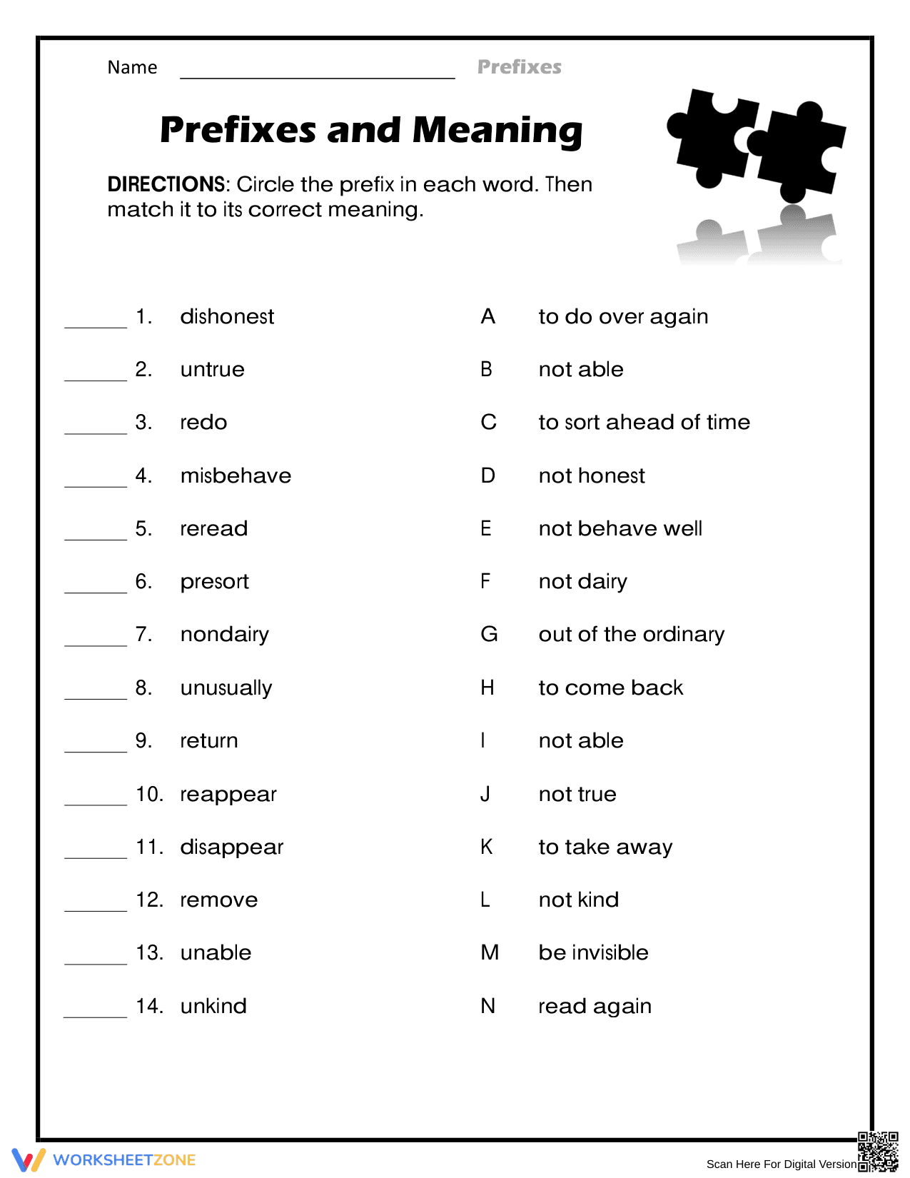 Essential Prefix Meaning Worksheet | Grade 3 Vocabulary - Page 1