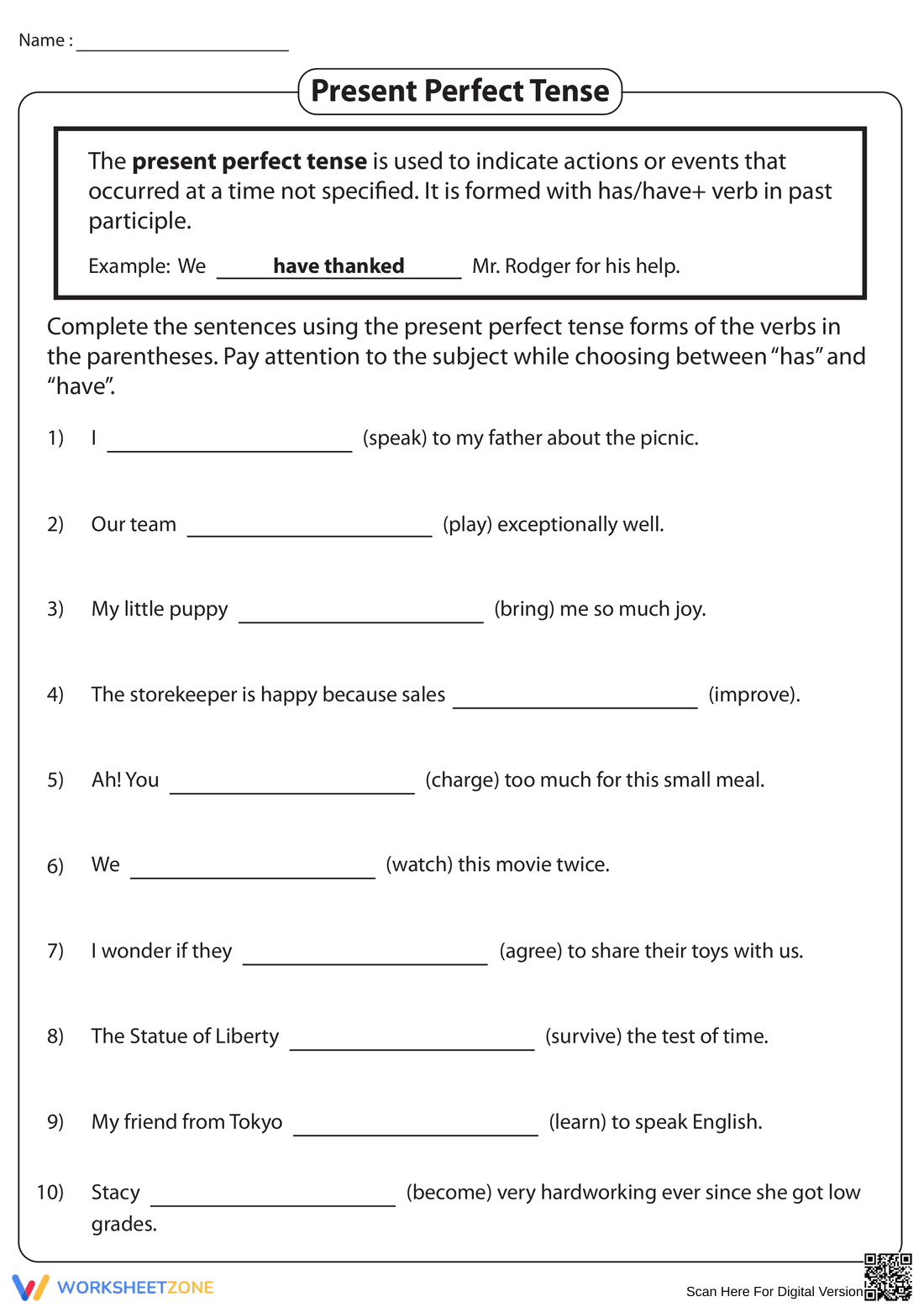 Writing with the Present Perfect Verb Tense - Page 1