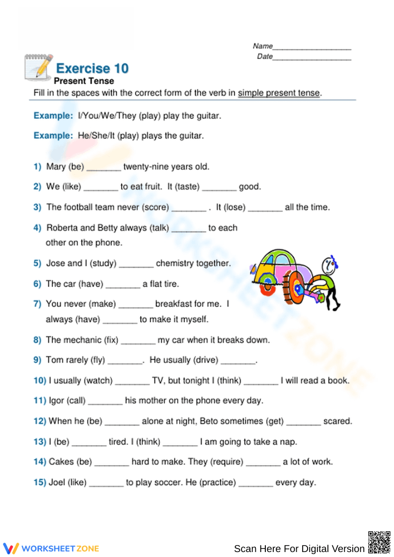 Grade 4-5 Present Tense — Printable No-Prep Worksheet - Page 1