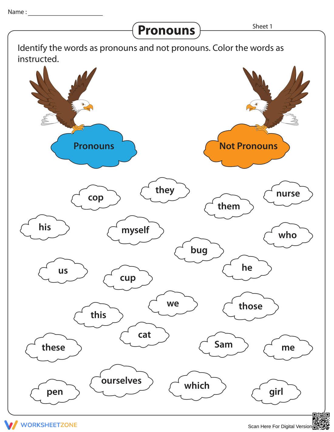 Identifying and Coloring Pronouns Worksheet - Page 1