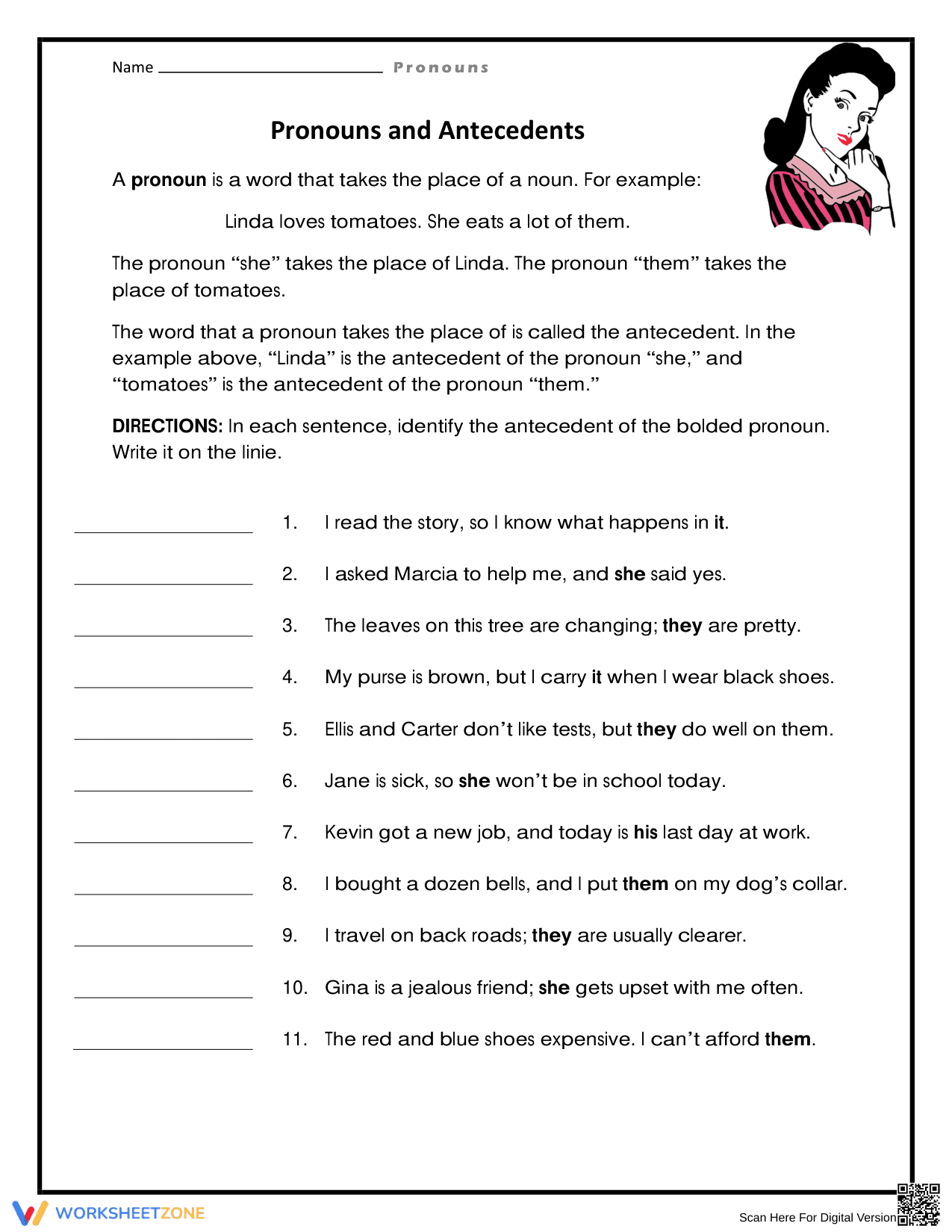 Essential Pronouns and Antecedents Worksheet | Grade 7-9 - Page 1