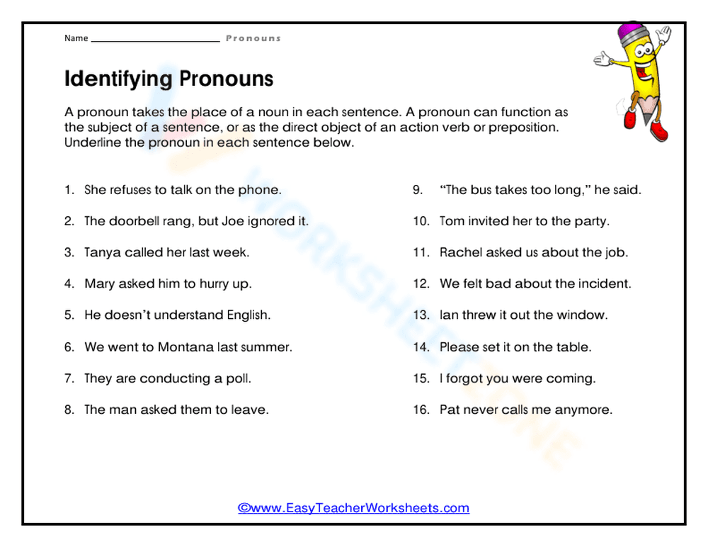 Essential Pronouns Worksheet | Grades 1-3 ELA - Page 1