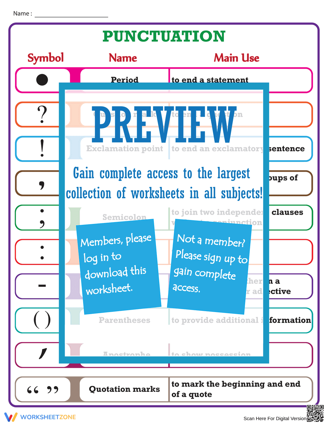 Comprehensive Punctuation Chart Worksheet - Page 1