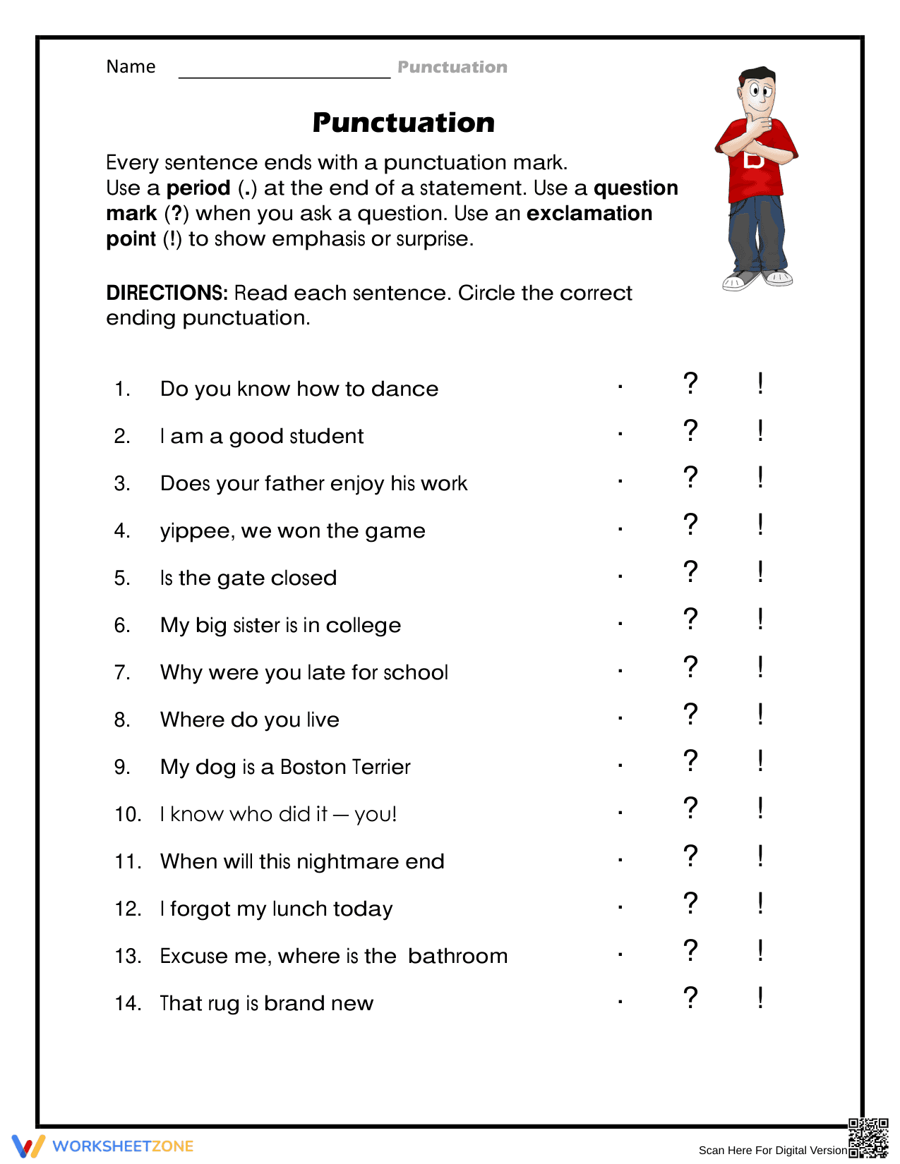 Essential Sentence Enders Worksheet | Grade 1 Grammar - Page 1