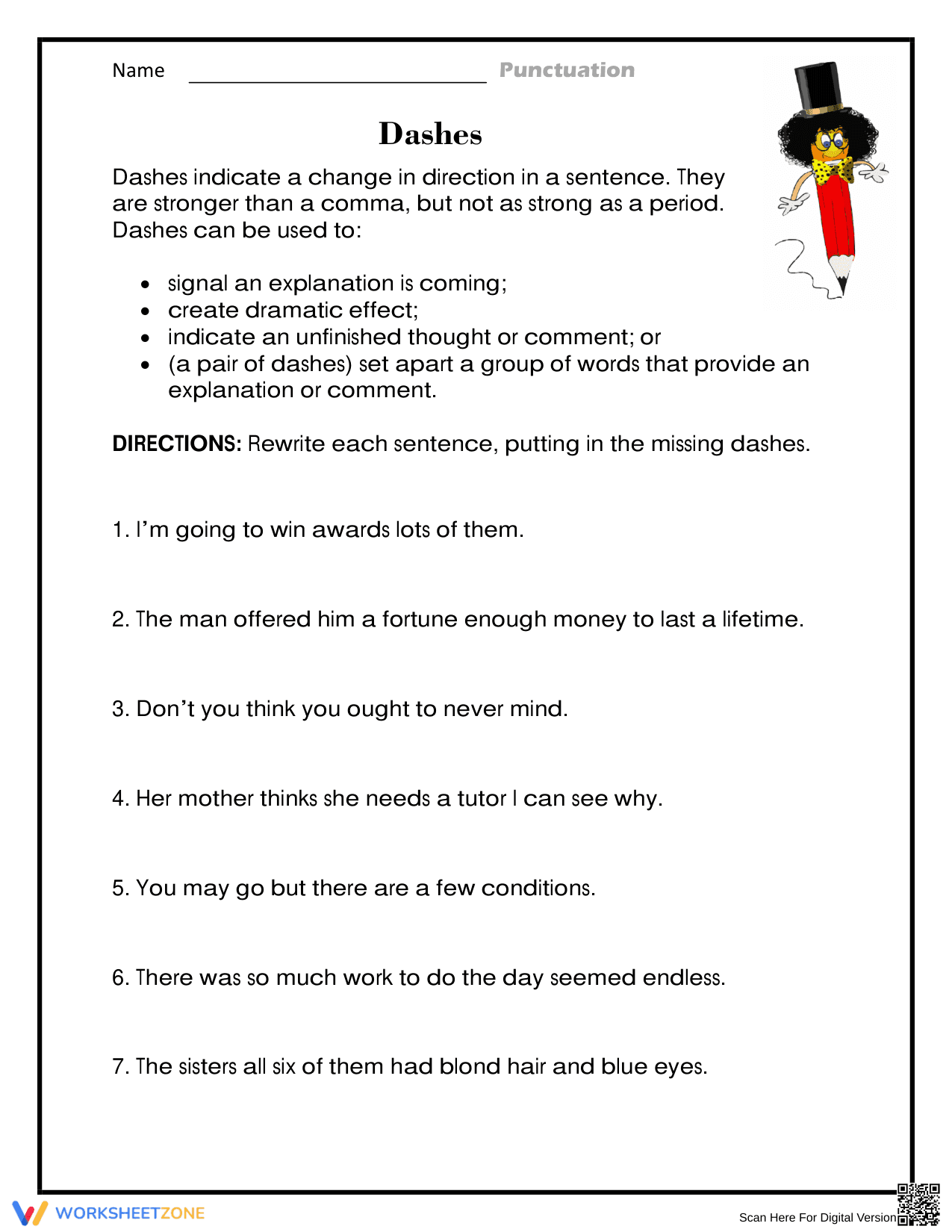 Grade 5 Dashes — Printable No-Prep Punctuation Worksheet - Page 1