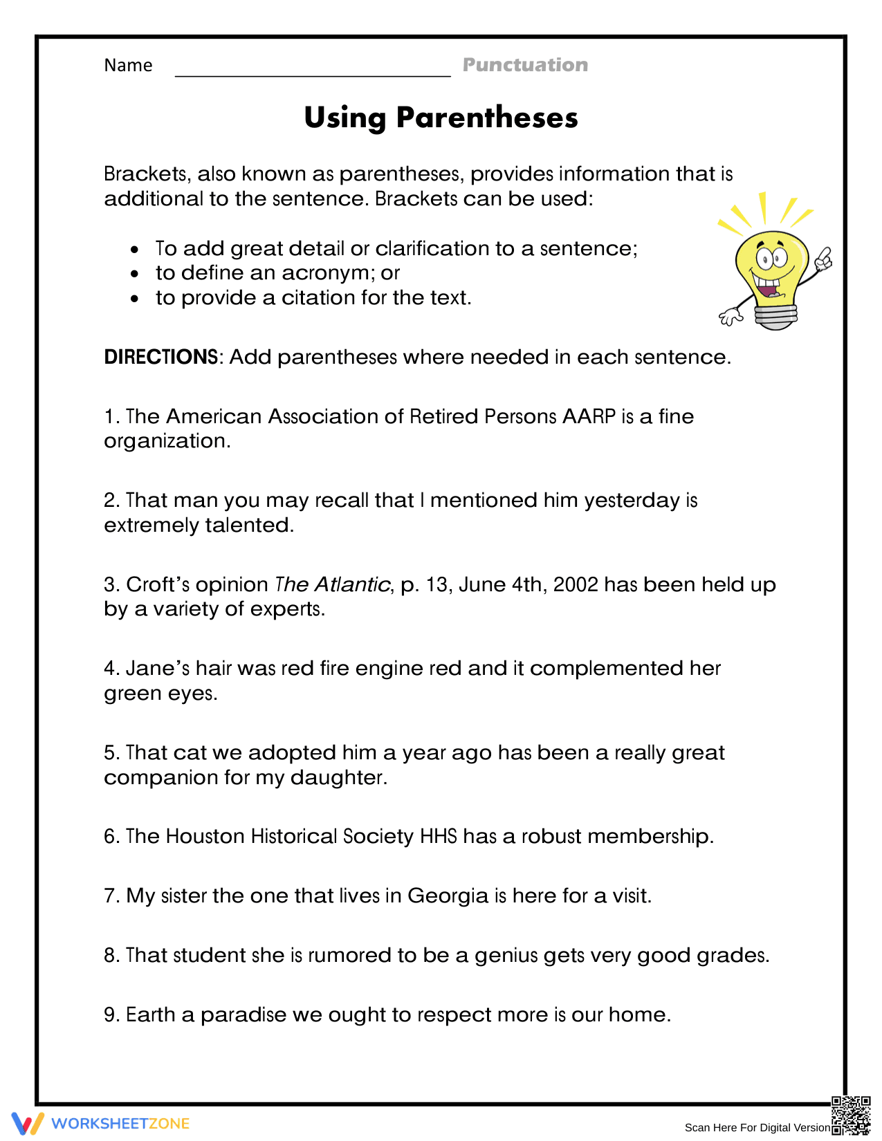Essential Parentheses Worksheet: Grade 6 ELA Ready - Page 1